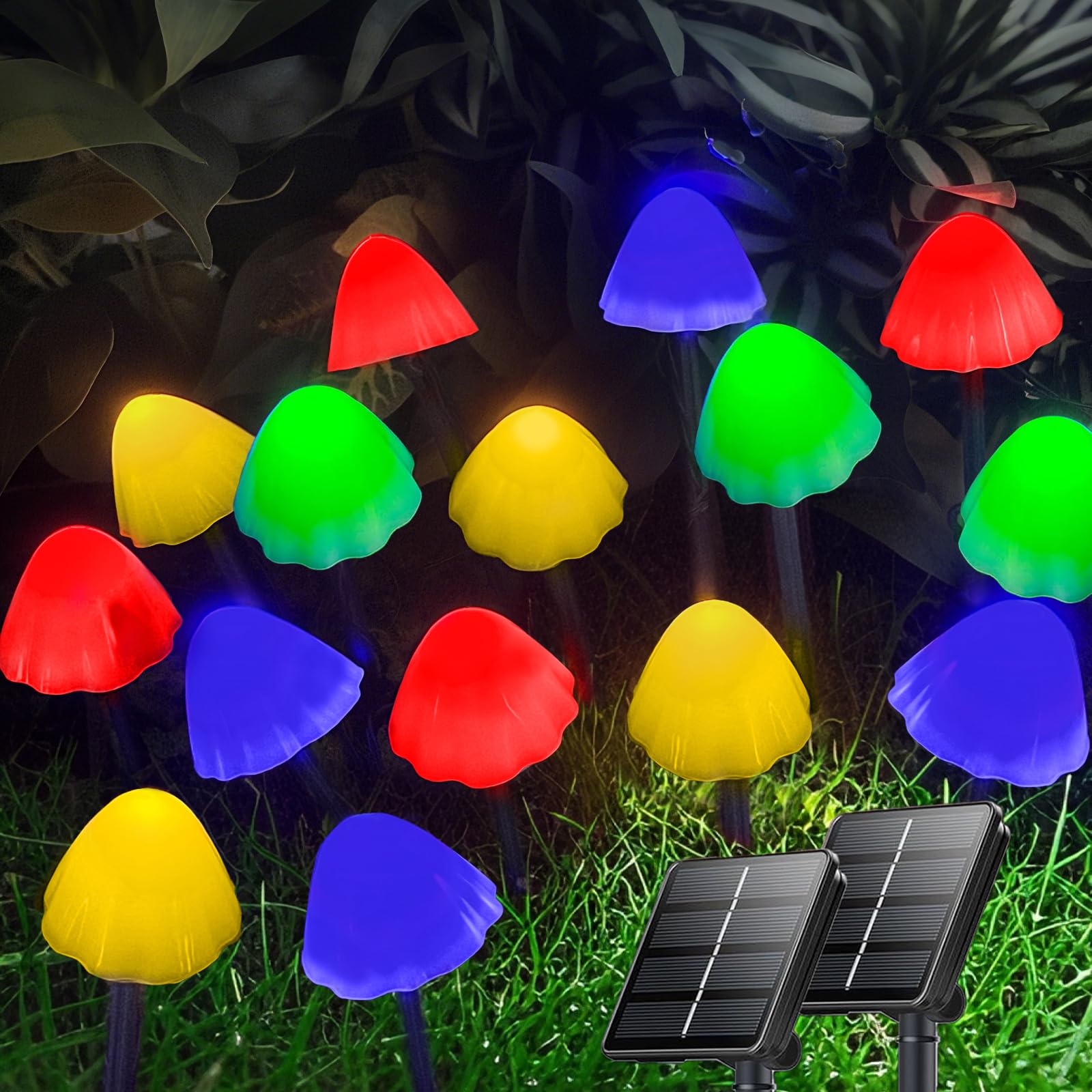 OZS Solar String Lights, 32LED 55FT Waterproof, 8 Lighting Modes, 2 Pack, Mushroom-Multicolor