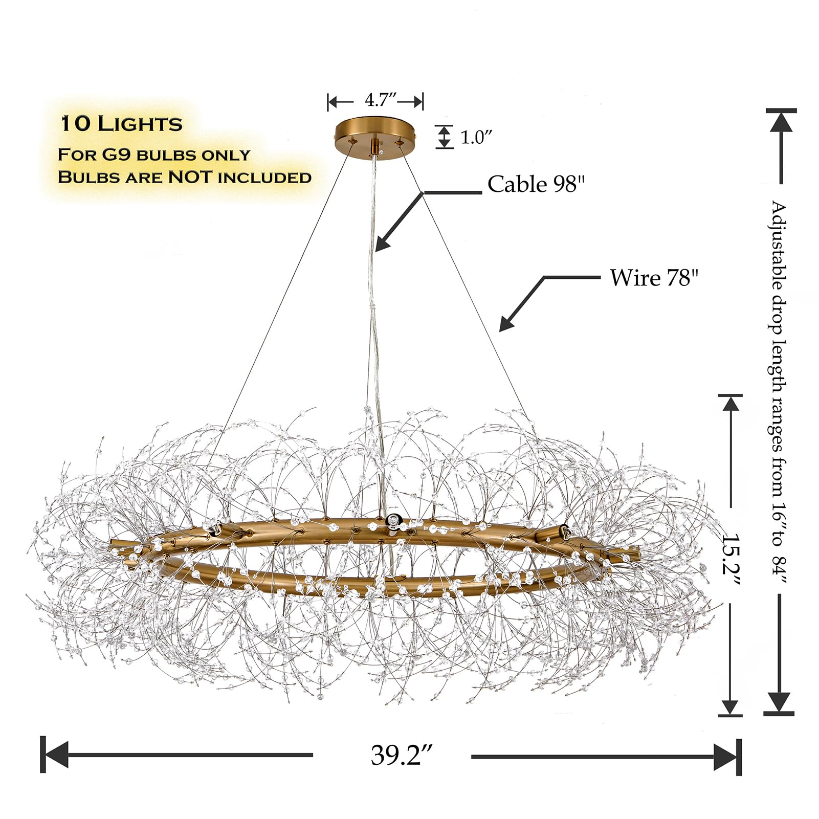 Gold Crystal Chandeliers Round,39'' Modern Crystal Dining Room Chandeliers Light Fixtures,Large Firework Chandelier Lighting For
