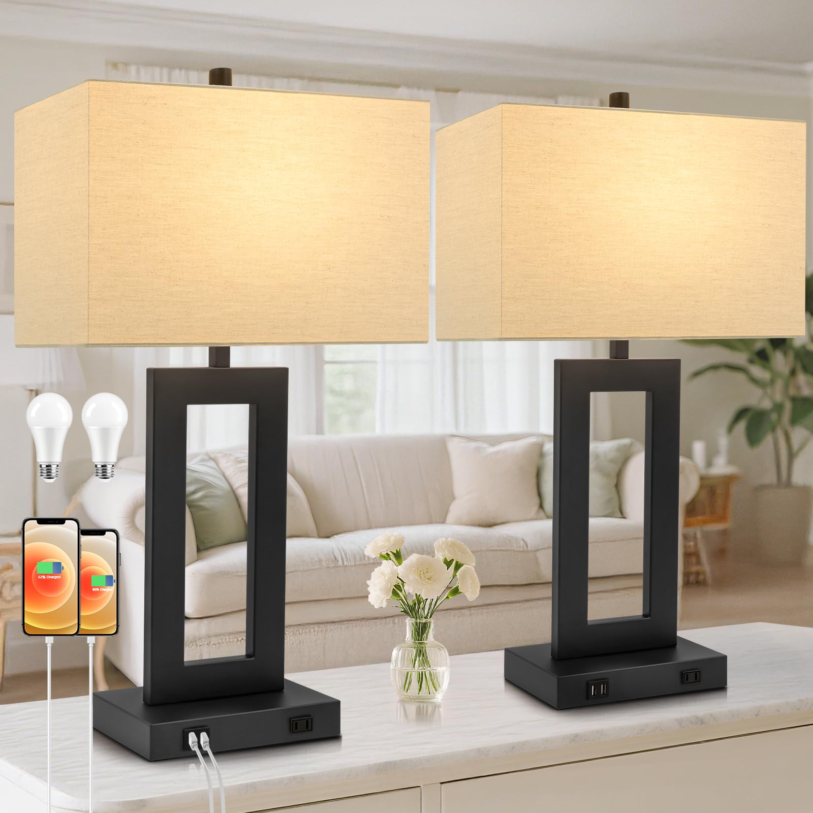 TOBUSA Modern Touch Control Table Lamps Set of 2, 28in Beige & Black, 3-Way Dimmable, USB Ports & AC Outlet, Metal, Model T0344L