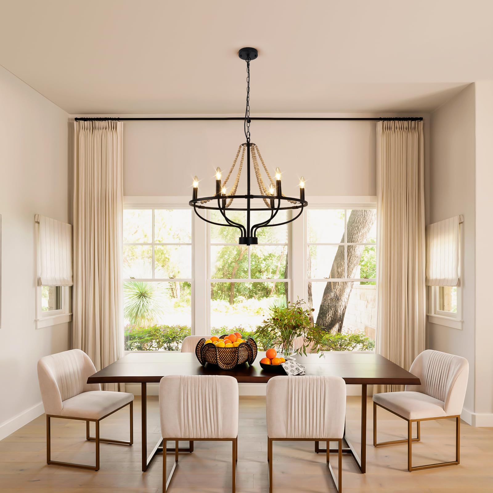 Ganeed Black Wagon Wheel Chandelier, 6-Light Vintage Chandeliers With Wood Beaded, Round Farmhouse Adjustable Height Hanging Pen