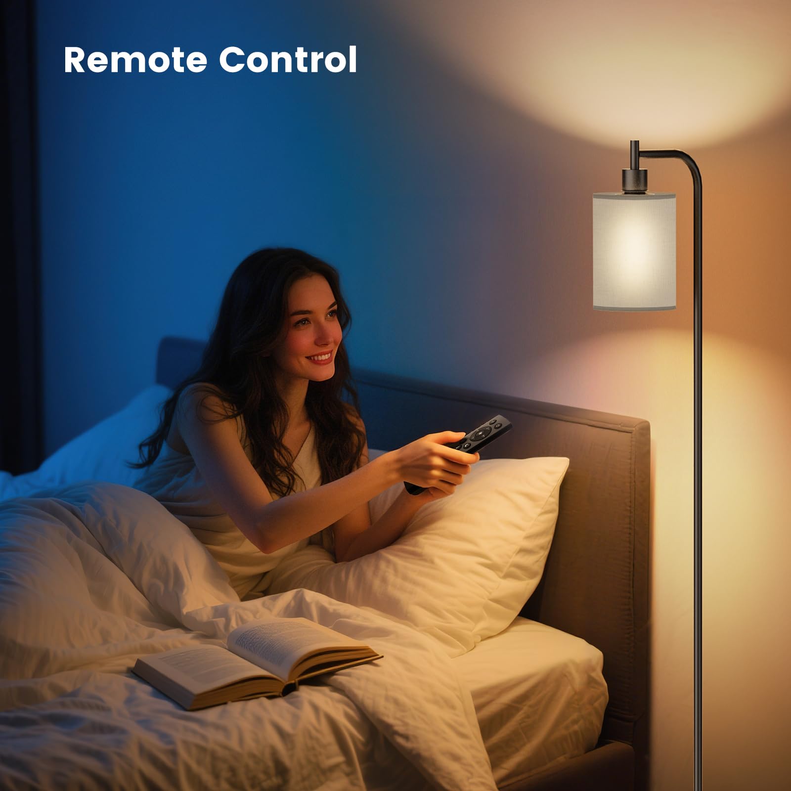 SIBRILLE Floor Lamp with Linen Shade, Dimmable, Remote Control, 9W LED Bulb, Large, Gray, Model BP-F072
