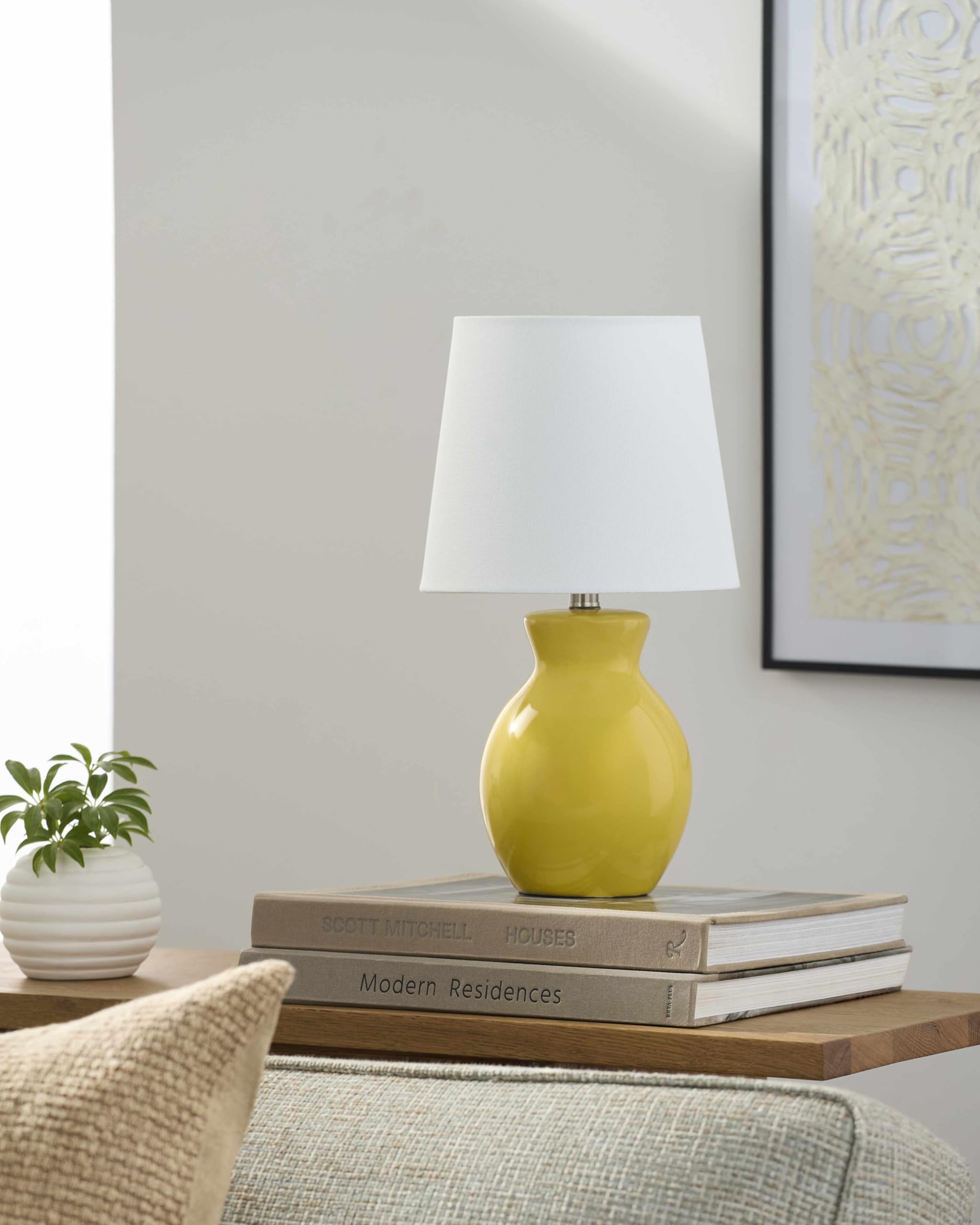 BoutiqueRugs Ceramic Bedside Table Lamp - 15inH Taper - Mustard, White - Model SPXZVB1-031