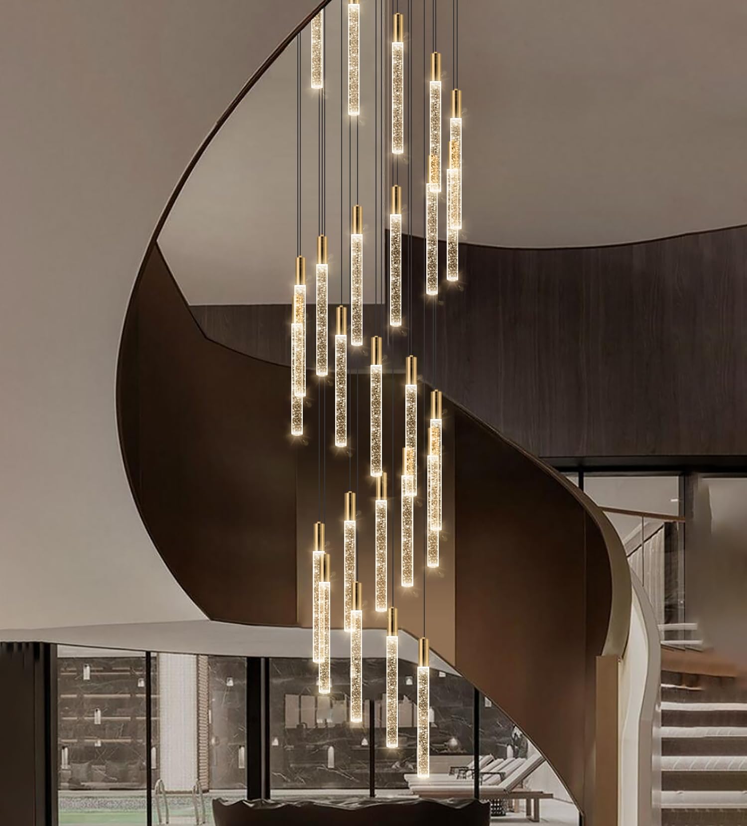 HAIXIANG 13FT Modern Crystal LED Chandelier, 24 Lights, Gold Finish, Stainless Steel for Entryway and Living Room
