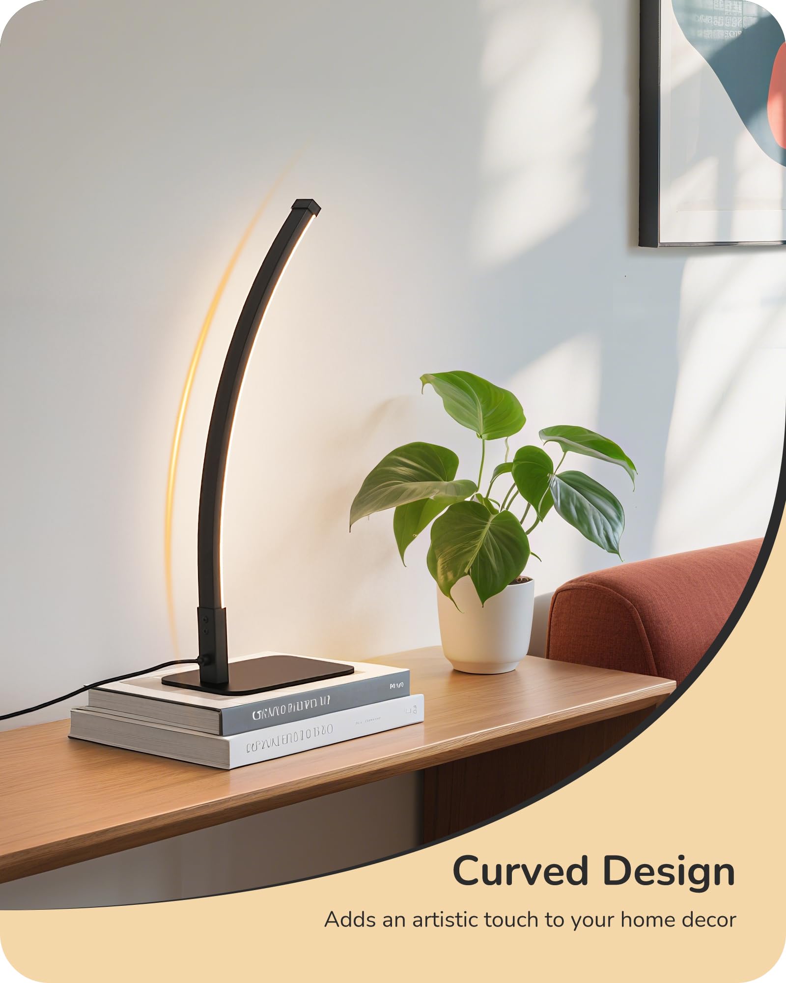 EDISHINE Curved LED Table Lamp, Modern Nightstand Lamp, 3 Color Temperatures, Stepless Dimming, Aluminum & Iron, Black, Model HLTL22W