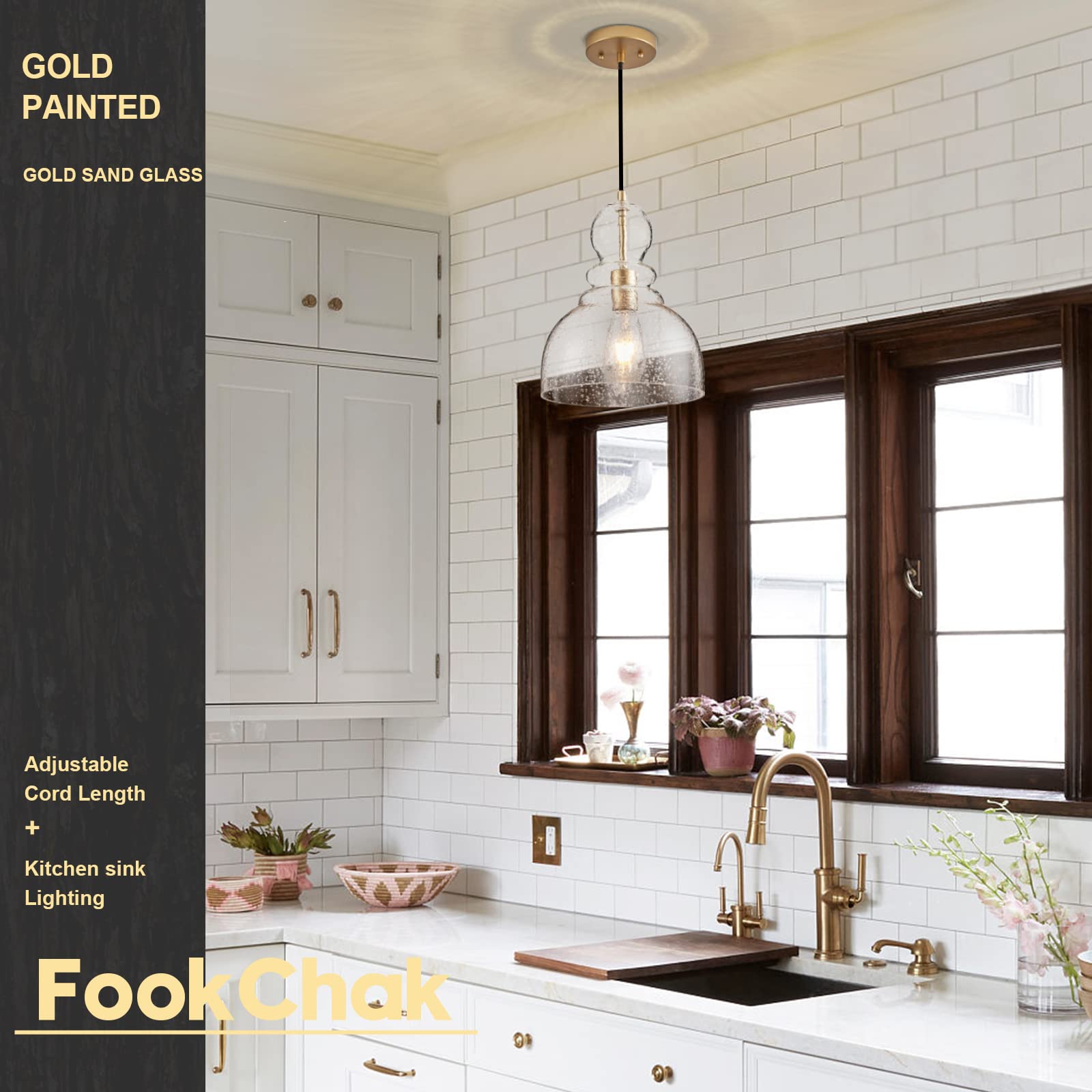 Fookchak Gold Pendant Lights Kitchen Island, Modern Gold Sand Glass Pendant Lighting 10Inch Large Brass Ceiling Haning Light For