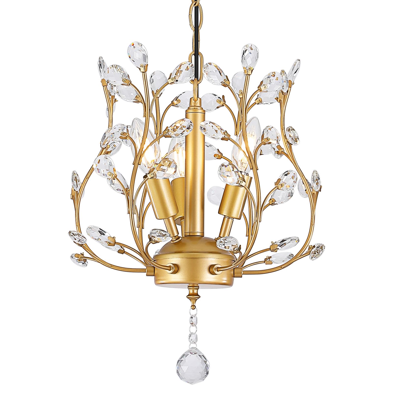 3WWWUEE Small Gold Crystal Chandelier, Farmhouse 3-Light Branch Crystal Pendant Light with 47.2'' Adjustable Chain, Vintage 13.8