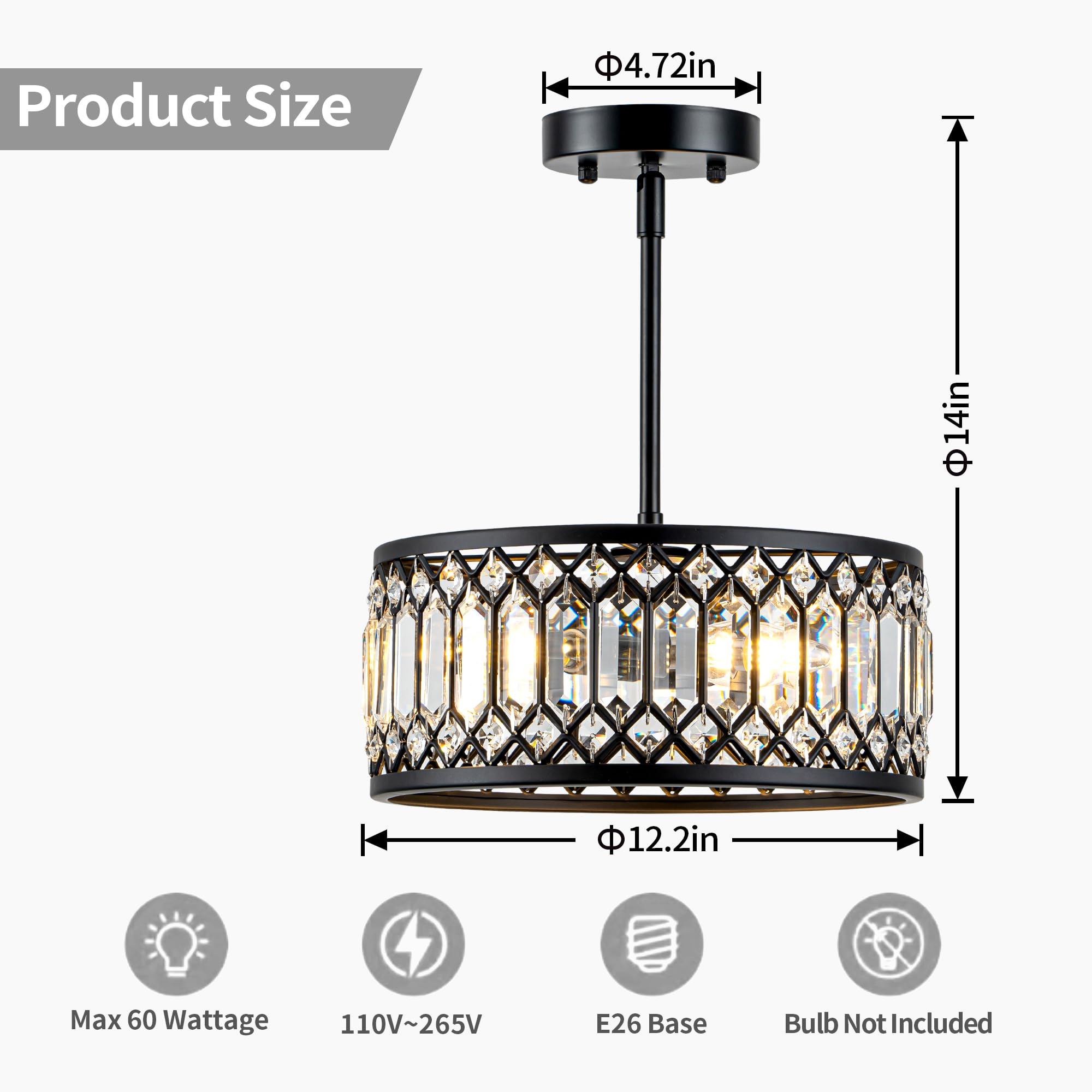 Zlepmlla Crystal Black Ceiling Light, Modern Light Fixture Ceiling, Chandelier For Living Room Dinning Room Bedroom Walk-In Clos