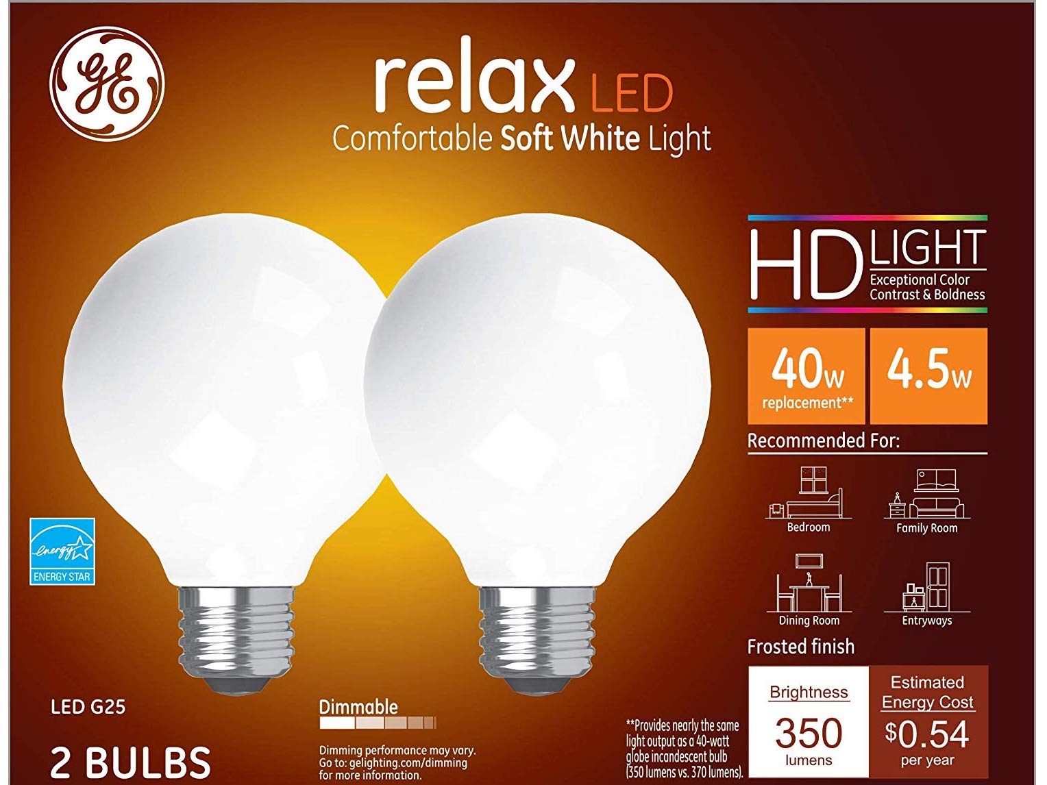 Ge Lighting Relax Led Globe Light Bulbs, 4.5 Watts (40 Watt Equivalent) Soft White Hd Light, Frosted Finish, Medium Base, Dimmab