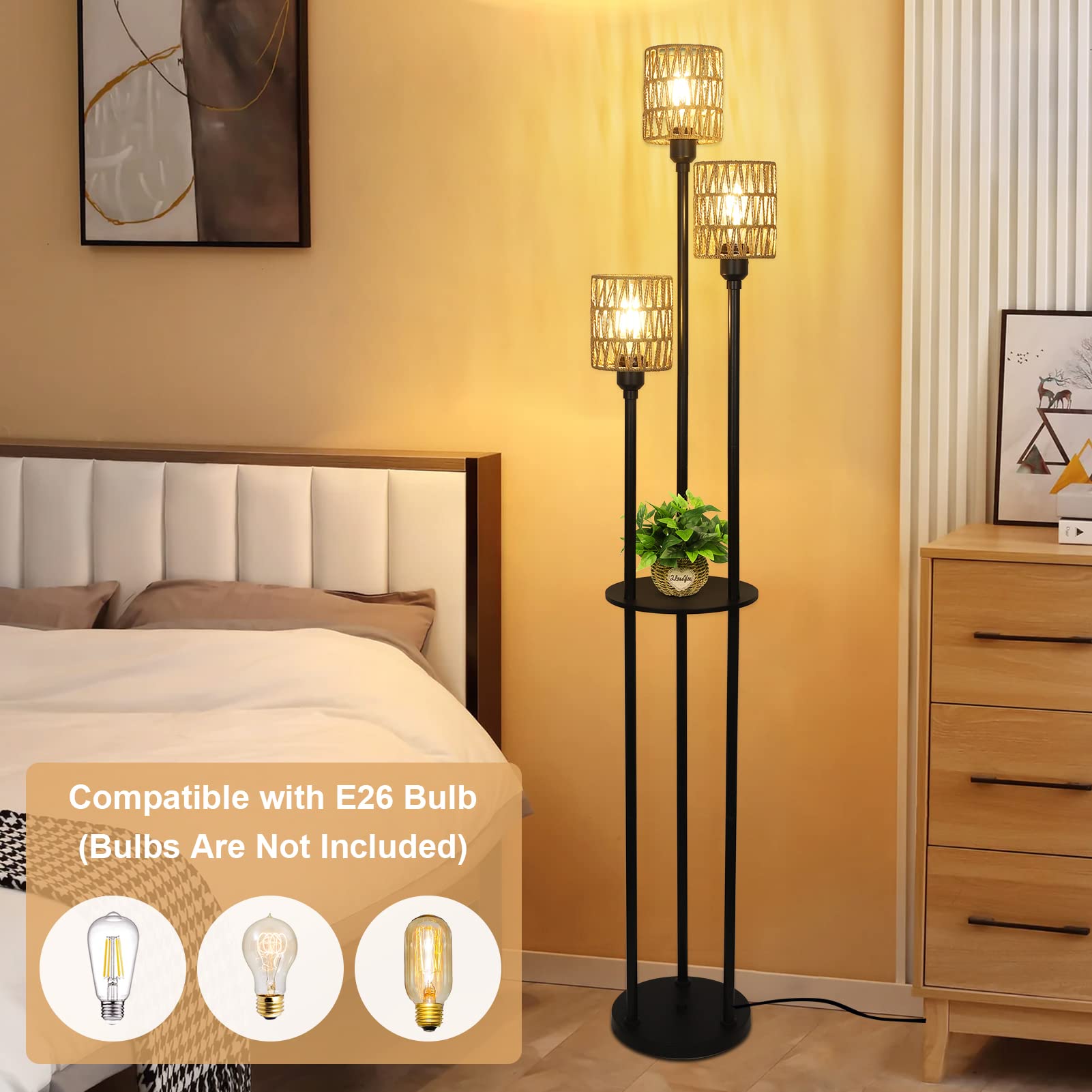 Stepeak Boho Floor Lamp - 3-Light Rustic Standing Lamp With Rattan Shades, Black - Model 221105A1 For Living Room, Bedroom, Office