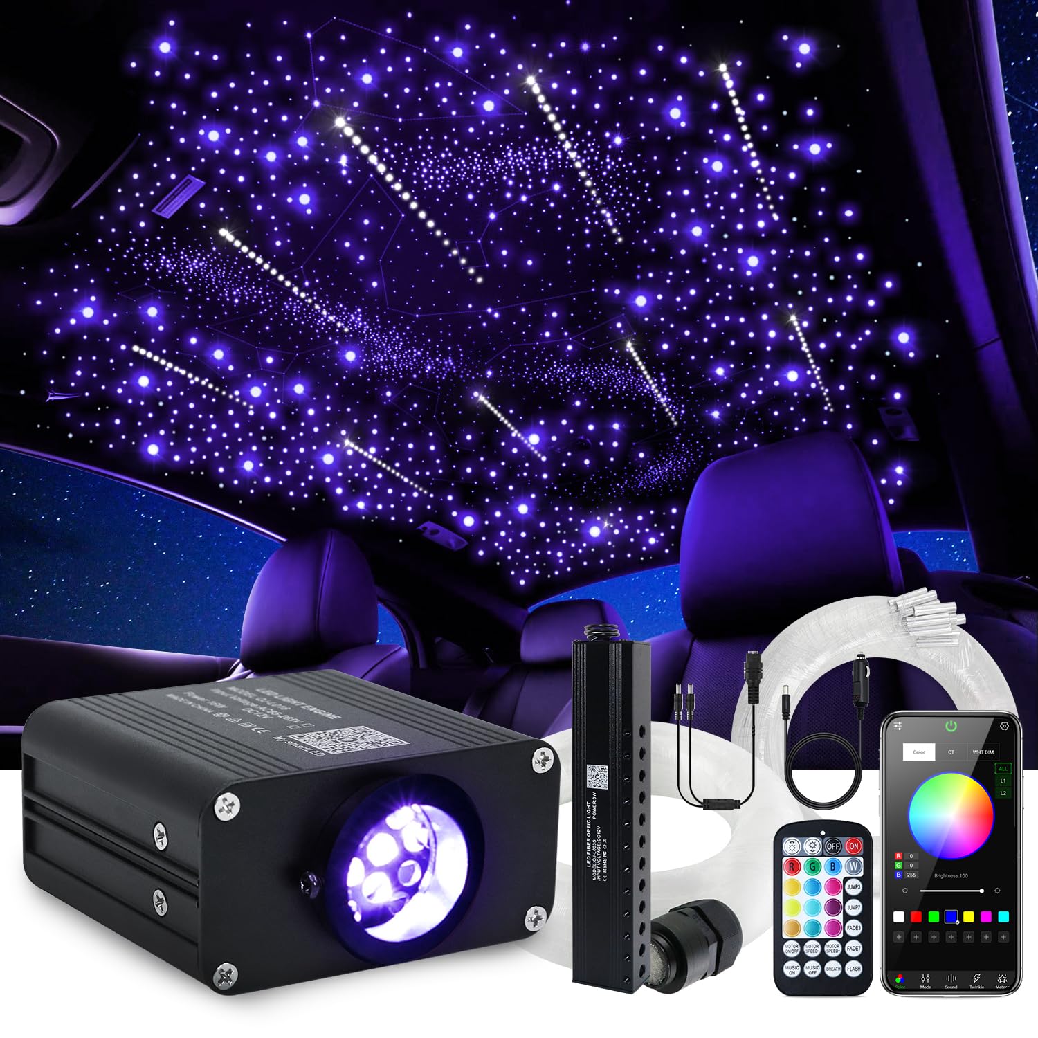 WEBUPAR Car Starlight Headliner Kit RGBW Fiber Optic Lights 500pcs 0.03in 9.8ft Bluetooth APP Remote Control, Pure White & Mixed Colors