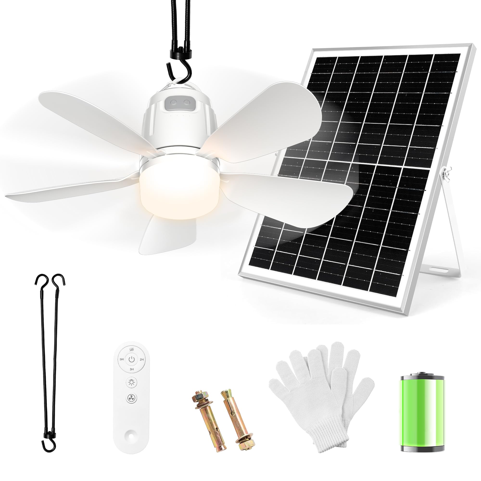 Gliztech Solar Ceiling Fan Light, 30W Solar Powered Fan with Remote, 20in  White, Model SSDSFL006 for Outdoor Use