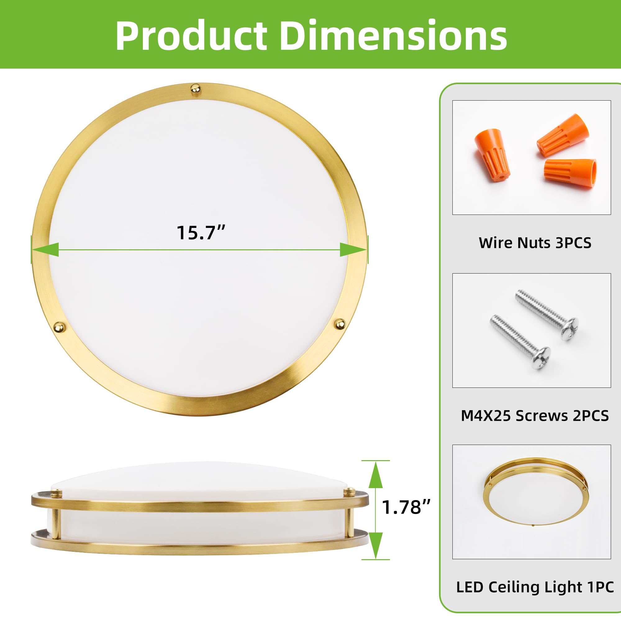 Hykolity 16 Inch Dimmable Led Flush Mount Ceiling Light Fixture, Gold, 36W, 2200Lm, 2.7/3/3.5/4K/5K Adjustbale, 120?Light Angle,