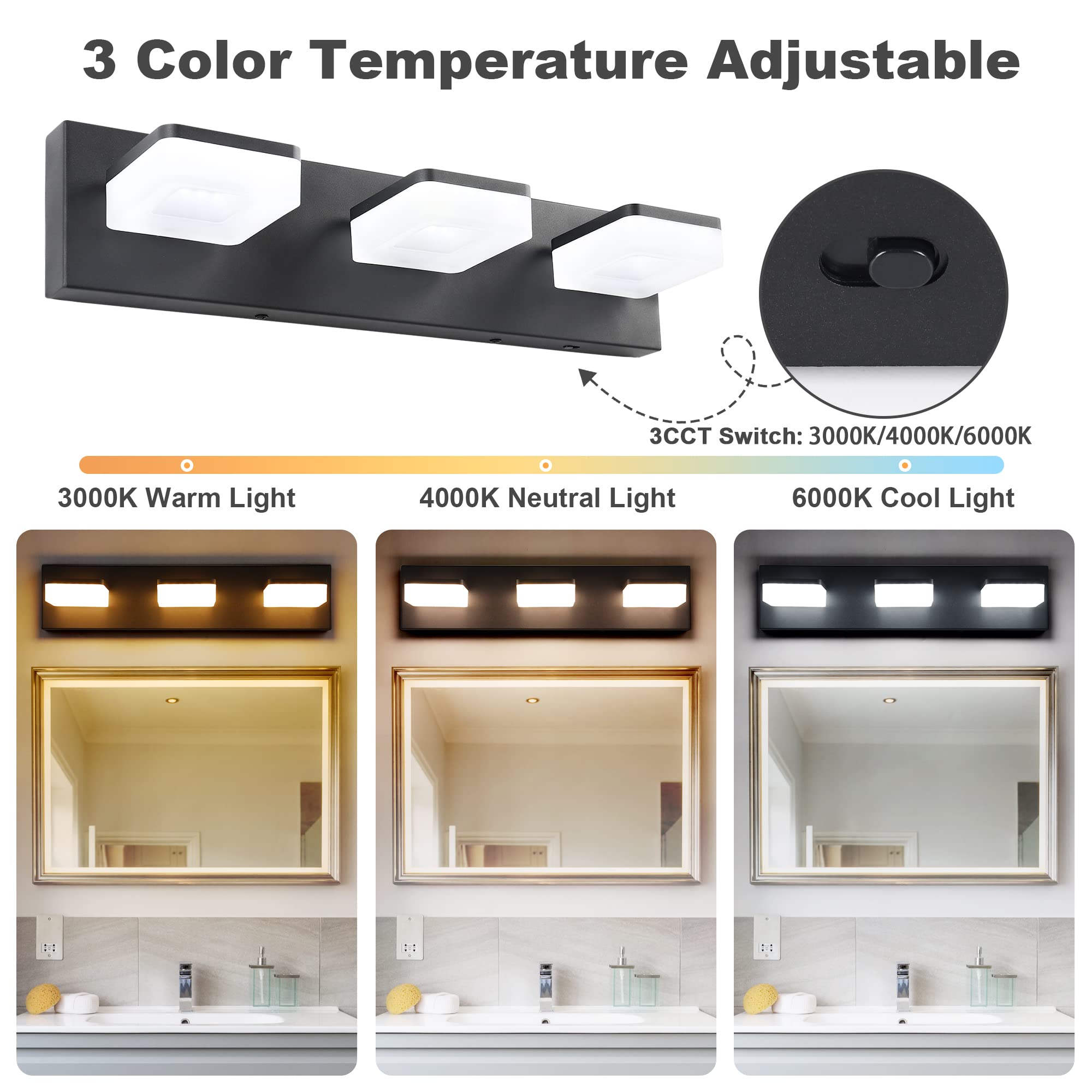Goodate 3-Light Dimmable Black Bathroom Vanity Light Fixtures, Adjustable 3000K/4000K/6000K