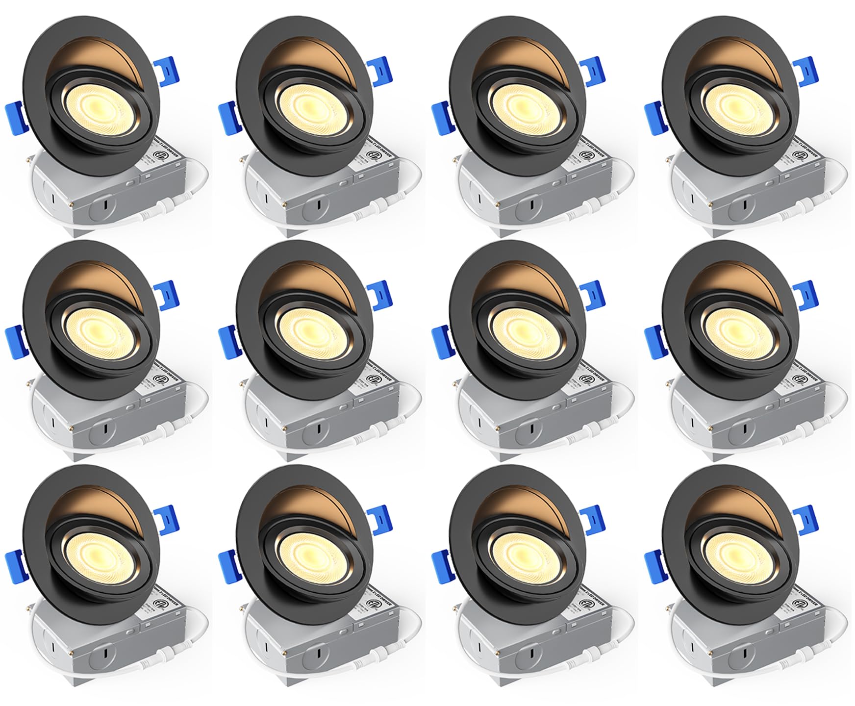 Ensenior 12 Pack 4 inch 5CCT LED Gimbal Led Recessed Light with Junction Box  360+90 Adjustable Directional Lighting  Dimmable  CRI90+  2700K/3000K/3500K/4000K/5000K  900LM  10W=85W-ETL&FCC  Black