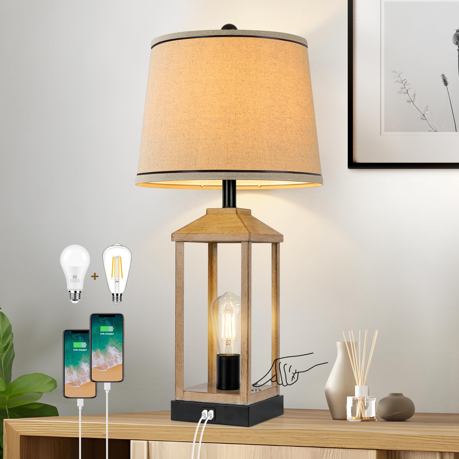 28'' Farmhouse Table Lamp with 2 Light, 3-Way Dimmable Modern Touch Control Nightstand Lamp with USB Ports for Living Room, Bedr