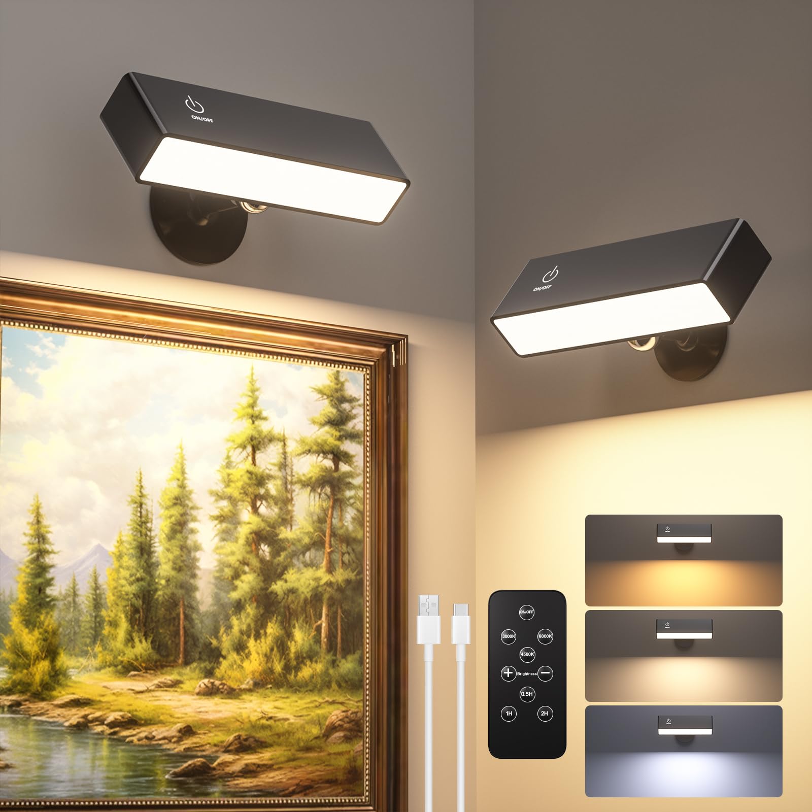 Detarzinled 2Pcs Rechargeable Wall Light With Remote Battery Operated, 3 Color Magnetic 360° Rotation Wireless Wall Sconces, Black Cordless Wall Lamps For Bedroom, Cabinet, Dartboard, Picture, Bedside