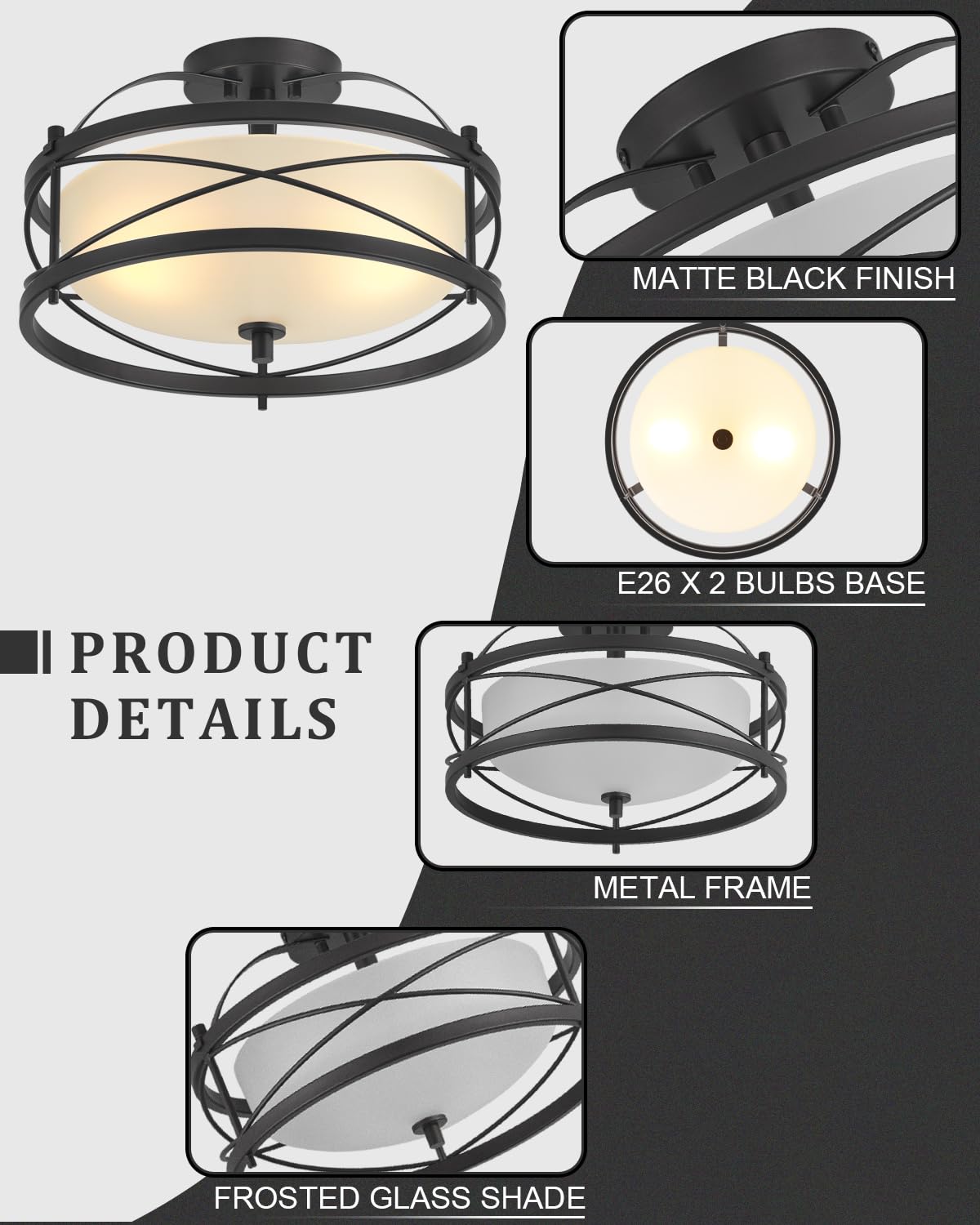 Lhlyclx Entryway Drum Light Fixtures, Semi-Flush Mount Rustic Ceiling Light For Hallway Living Room Bedroom Kitchen (Black)