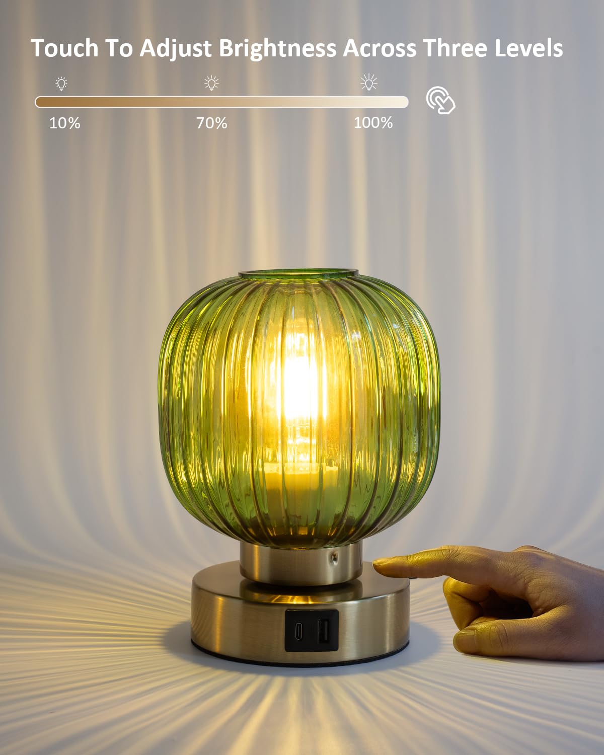 Touch Small Table Lamp,Elegant Green Glass Bedside Lamp 3 Way Dimmable With Usb C+A Charging Ports - Bedroom Nightstand & Living
