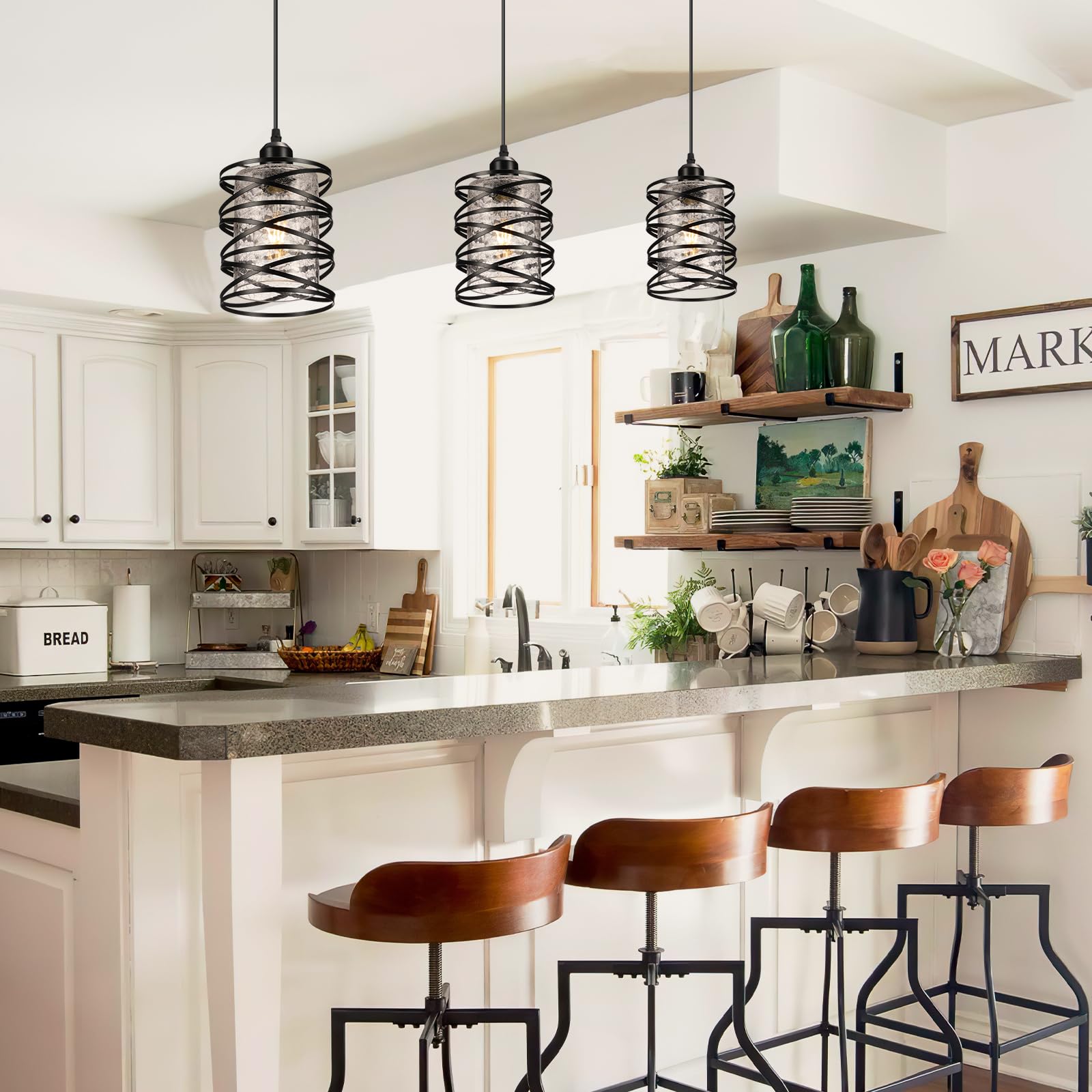 3 Pack Black Farmhouse Pendant Lights Kitchen Island Decor, Modern Crackle Glass Over Sink Pendant Light Fixture, Adjustable Bar Lights Hanging Light For Dining Room, Bedroom, Entryway, Porch, Hallway
