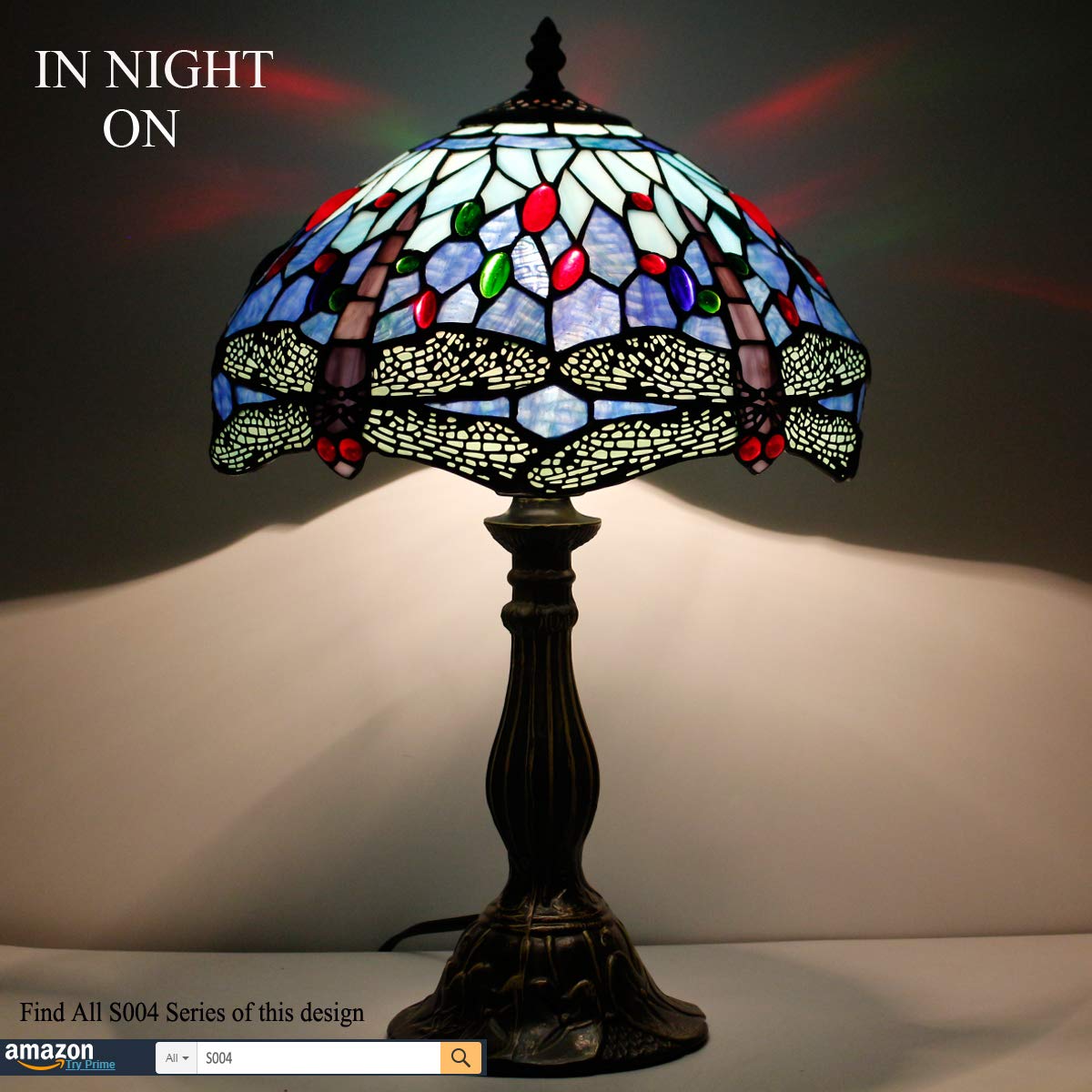WERFACTORY Tiffany Table Lamp, Blue Stained Glass, 12X12X18 Inches, Dragonfly Style for Bedroom, Living Room, Home Office