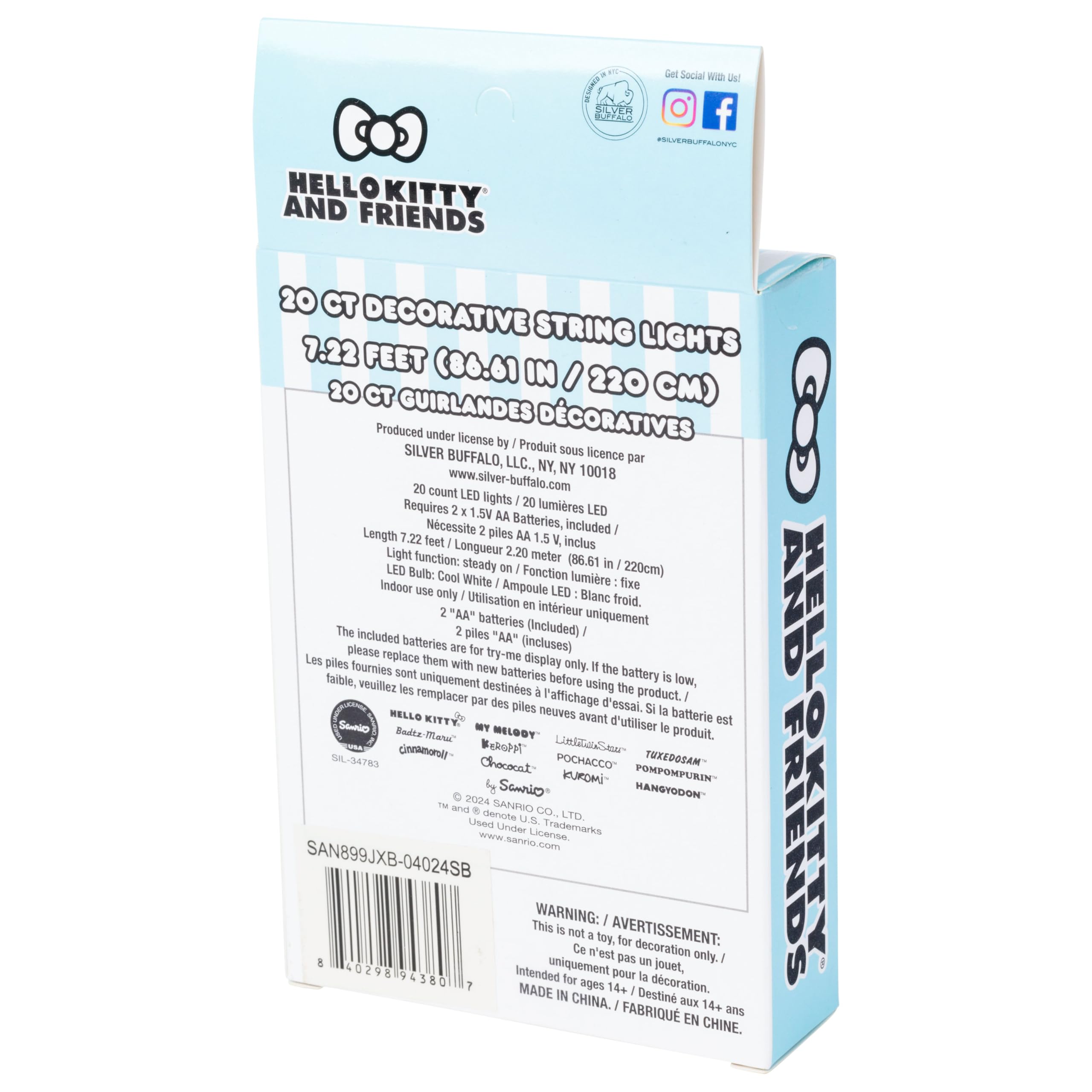 Silver Buffalo Sanrio Hello Kitty and Friends Cinnamoroll 20ct Decorative String Lights, 7 Feet Long, Battery Powered (2 AA Batt