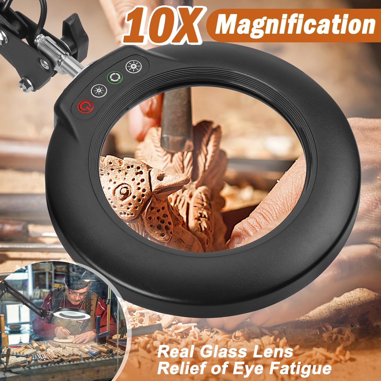 Veemagni 10X Magnifying Glass with Light, 5 Color Modes, Stepless Dimmable, Square Base, Black, Model FX92