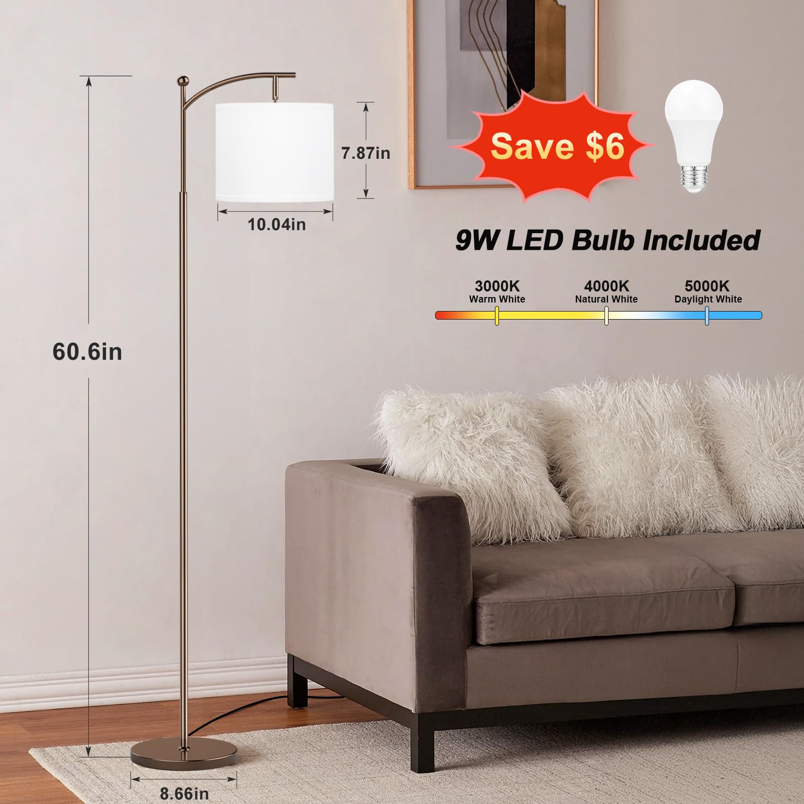 60&quot; Floor Lamps For Living Room With 3 Color Temperatures, Adjustable White Shade With Brown Pole, Tall Lamps For Living Room Bedroom Office Classroom Dorm Room, 9W Bulb Included