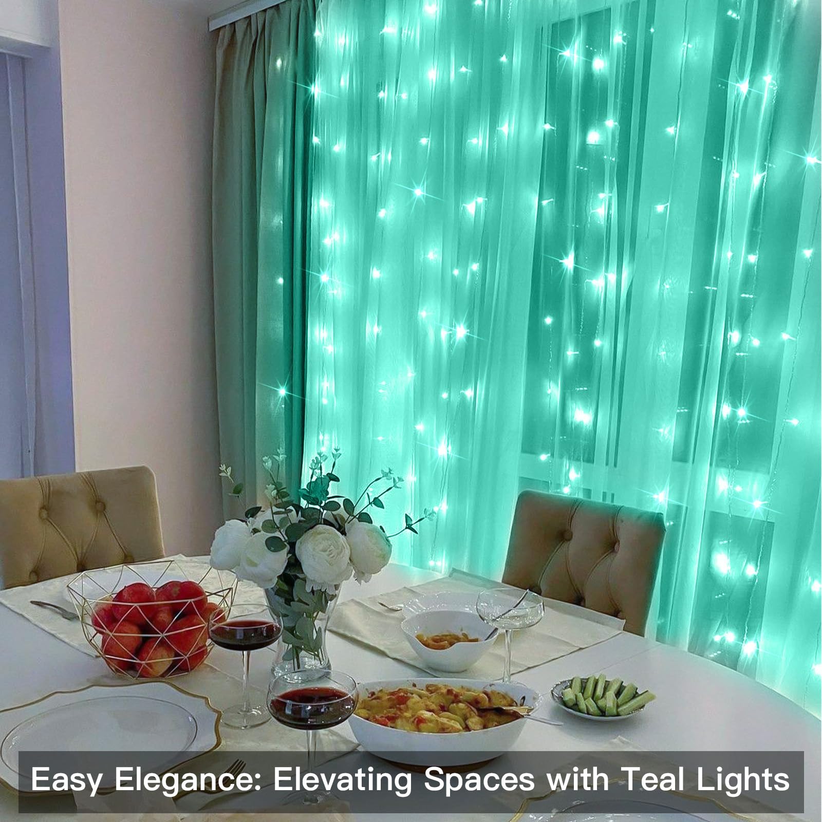 Suddus Curtain Lights For Bedroom, 200 Led Hanging String Lights Outdoor Waterproof, Fairy Curtain Lights For Backdrop, Window, Wall, Wedding, Party, Garden, Porch, Brithday Decorations, Teal