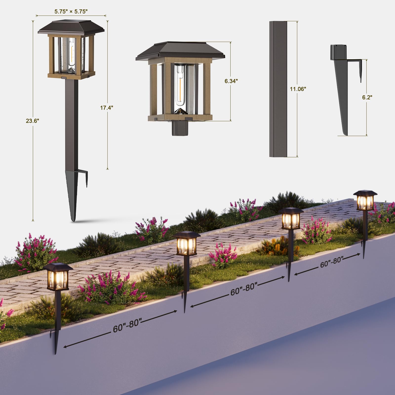 XMCOSY+ Solar Pathway Lights 4-Pack, Vintage Edison LED, 25 Lumens, IP65 Waterproof, Two-Tone Bronze & Wood Color, Model HW-6166B