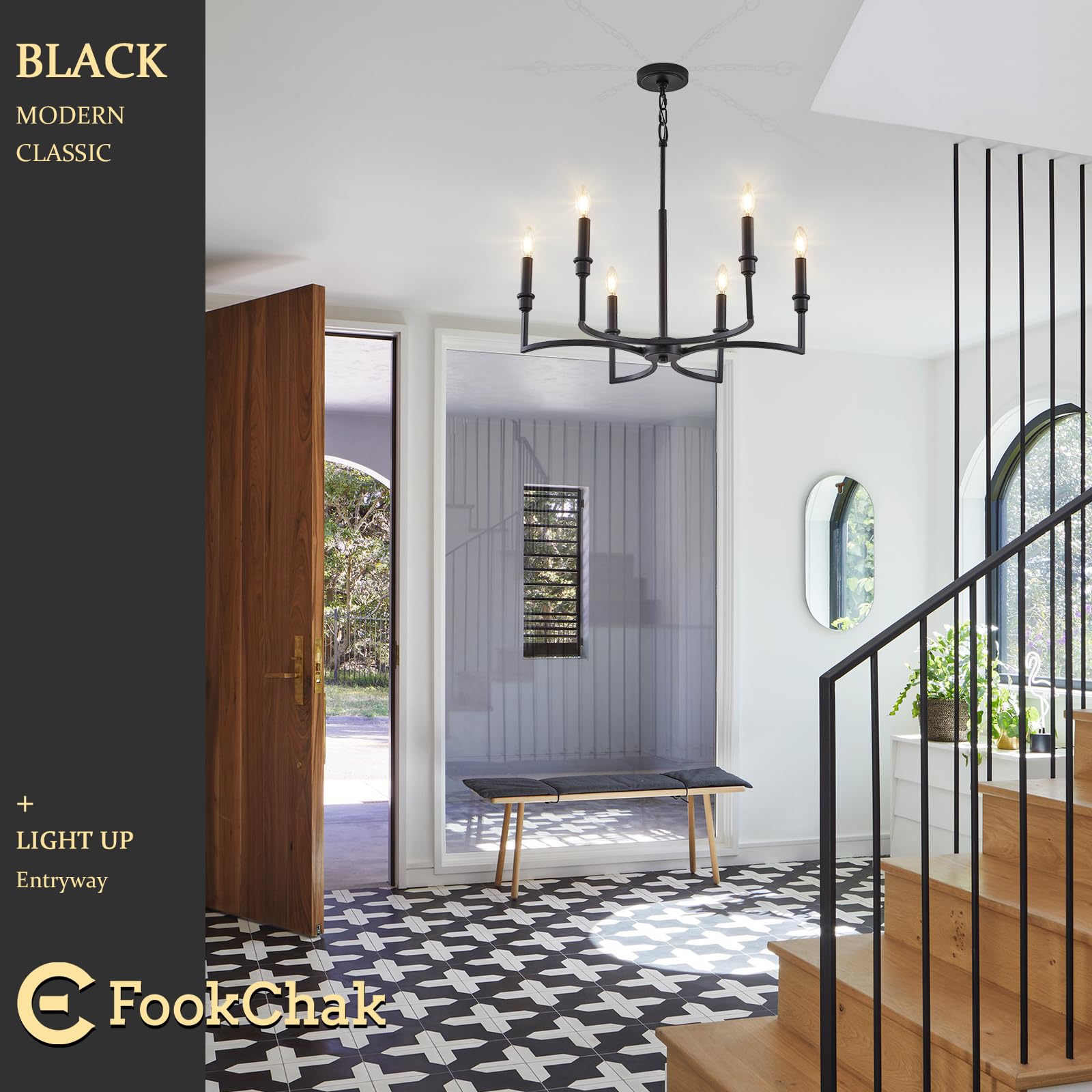 Fookchak Black Chandelier 6-Light Dining Room Chandelier Light Fixture Metal Candle Chandelier For Dining Tables Kitchen Island