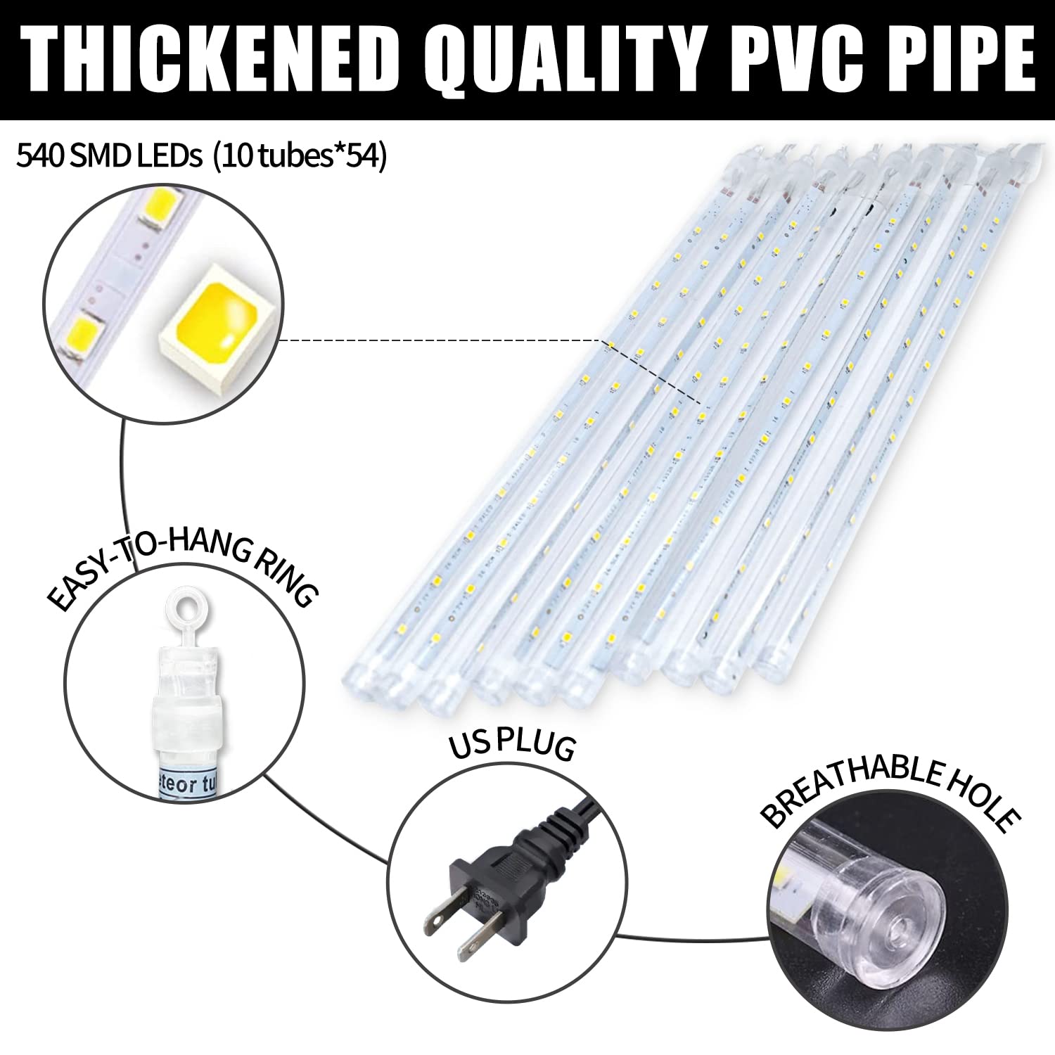 Roytong Waterproof Cascading 10Tube 360Led Meteor Shower Rain Lights Snow Falling Rain Outdoor Light For Christmas Tree Decoration(Colorful, 11.8)