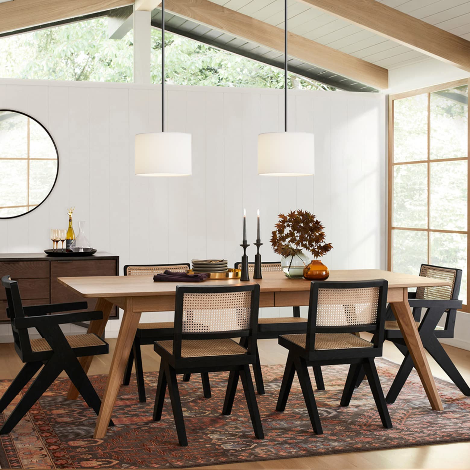 Electro Bp;9'' Dia White Linen Drum Shade Hanging Pendant Light Fixture With Black Pole Kit,E26,Hardwired,2-Pack;