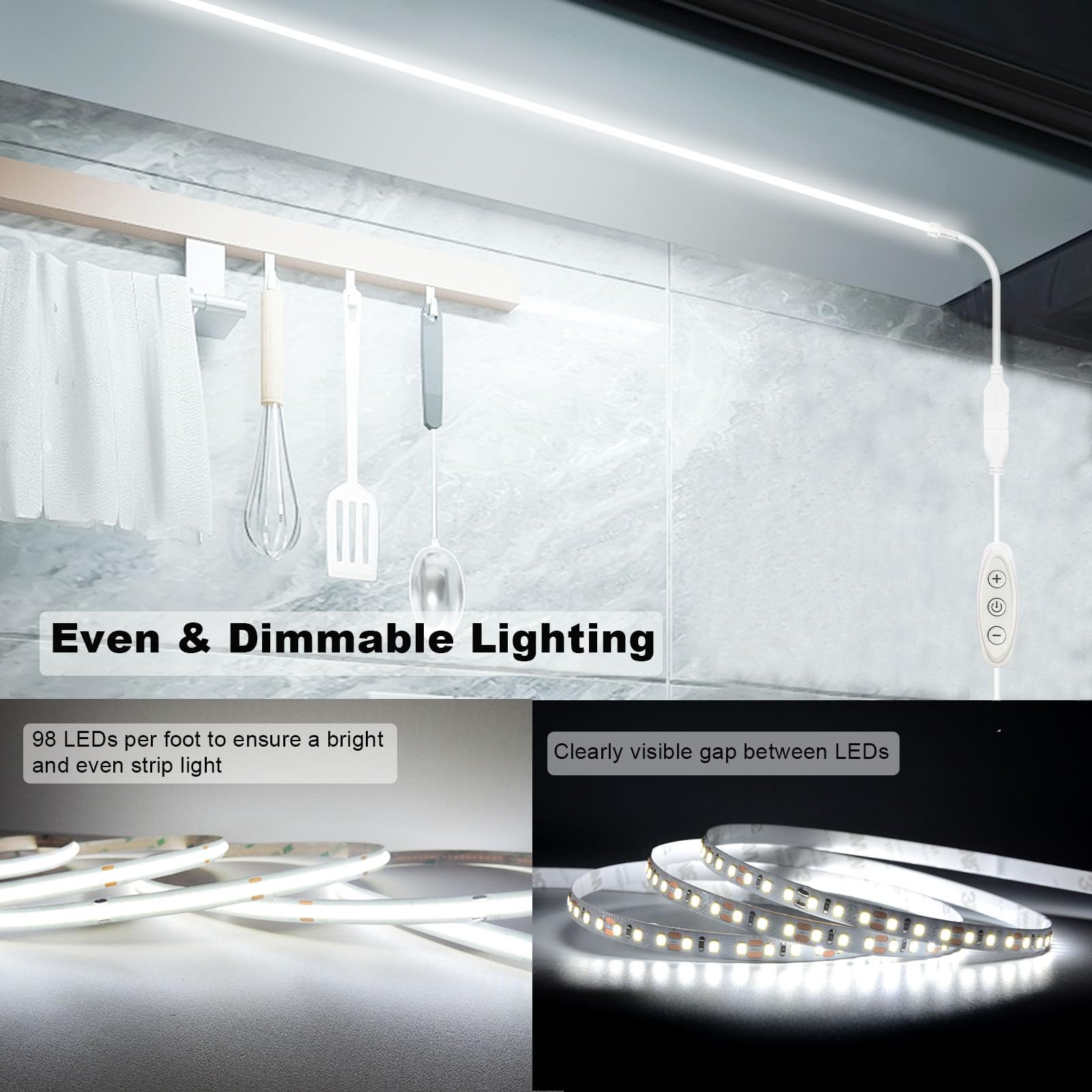 Gxilee 5V Cob Led Strip Lights Usb Powered 6000K Cool White Cri92+ 6Ft Led Tape Light With Dimmer, 10W/2Meter Flexible & Dimmable Cob Strips For Bedroom Cabinet Diy Lighting Decor