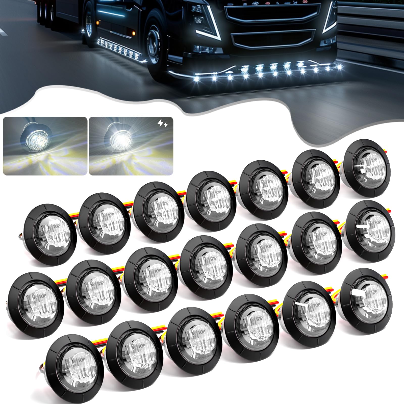 PSEQT 20Pcs 3/4 Strobe Flash+Steady Marker Lights Dual Function White LED Trailer Side Clearance Tail Round Lights 12V Running Warning Indicator Waterproof Lamps for Trailer Truck Bus ATV UTV Van RV