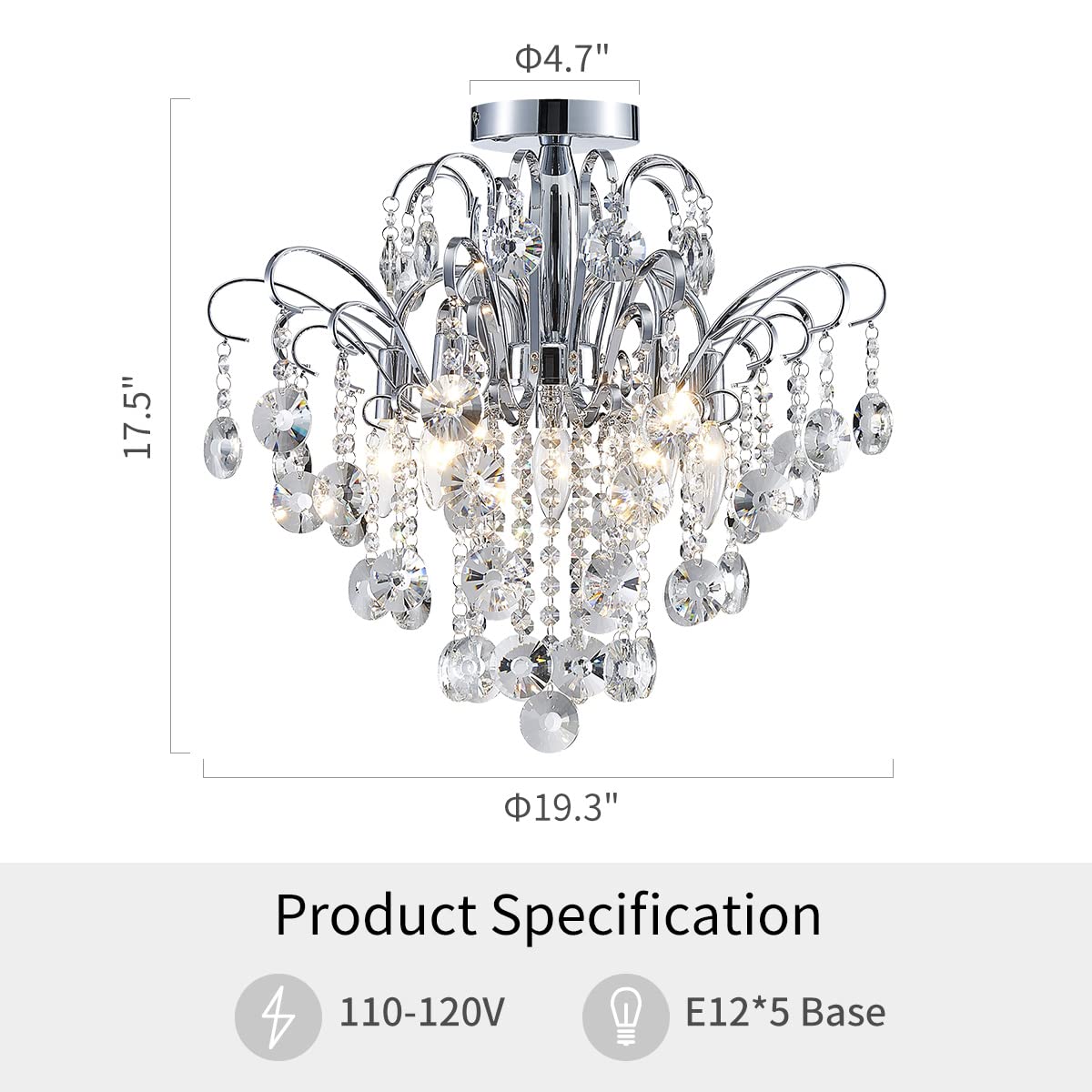 Wuzups Chrome Crystal Chandelier Ceiling Light, Modern Flushmount, 17.5&quot; X 19.3&quot; For Home