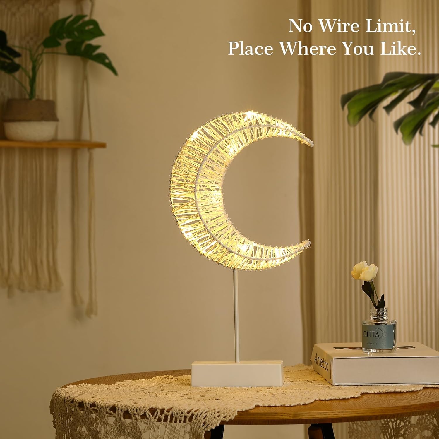 Lewondr Decorative Table Lamp, Moon Shape Ramadan Desk Lamp Battery Powered Light, Winding Thread Warm Led Crescent Light Christ