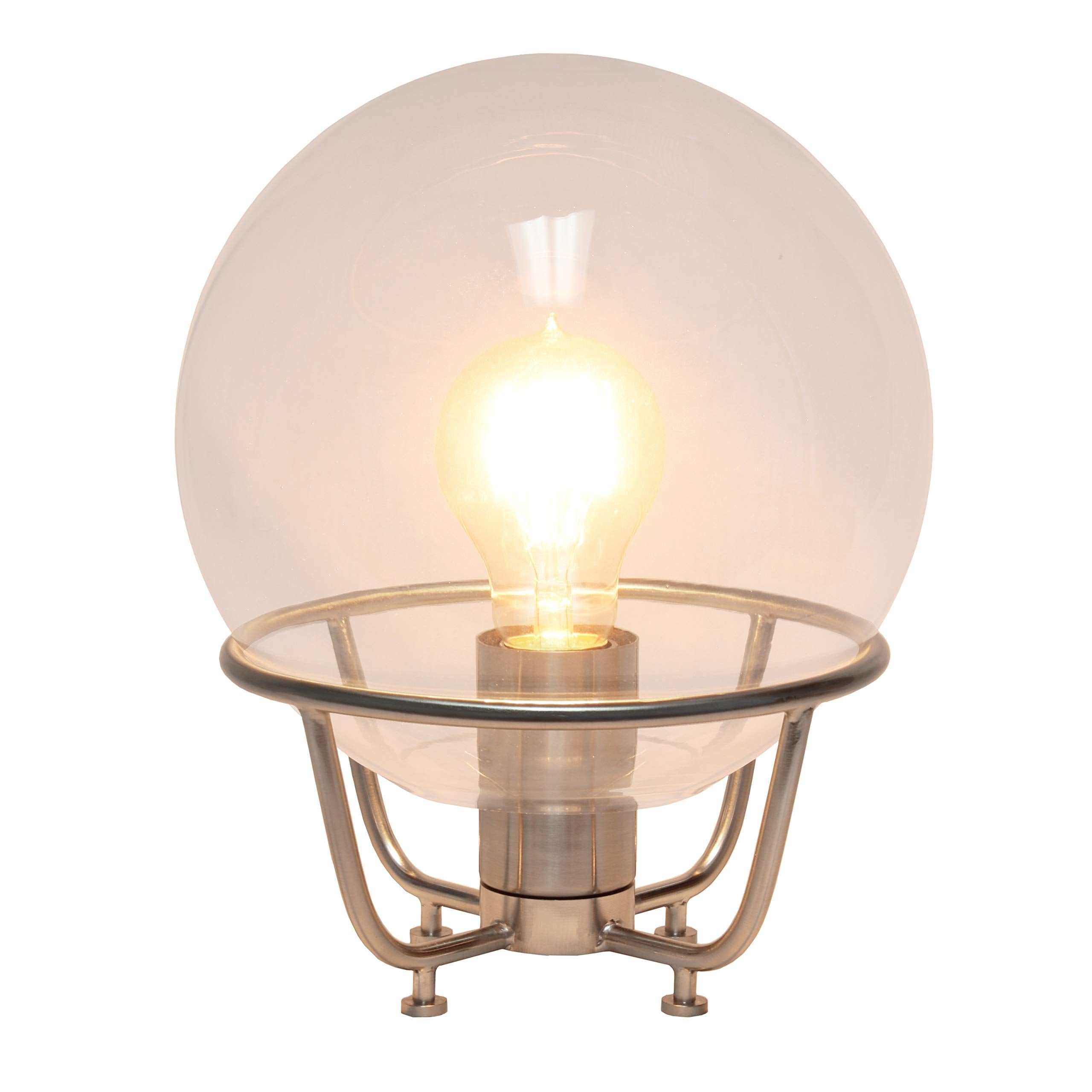Elegant Designs Vintage Industrial Table Lamp, Brushed Nickel, 7.75inL x 7.75inW x 10inH, Model LT1062-BSN, Metal, Glass Crystal Ball