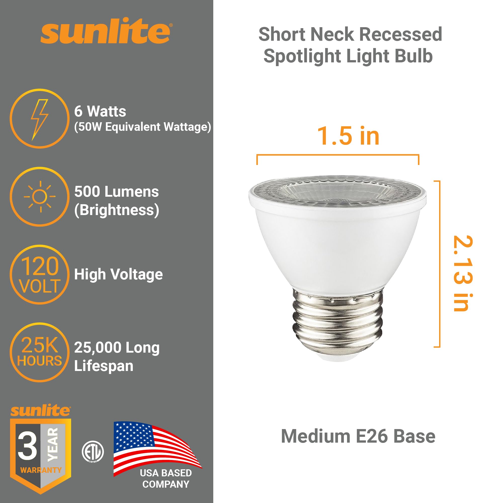 Sunlite LED PAR16 Spotlight Bulb, Dimmable, 7W (50W Halogen), 500 Lumens, E26 Base, 5000K Daylight, 12-Pack