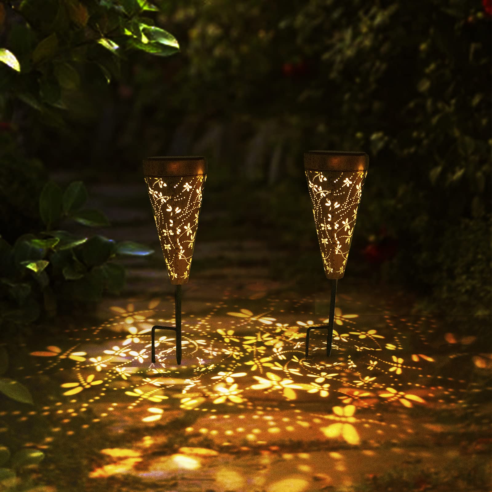 DIBIEECN 6 Pack Dragonfly Solar Pathway Lights Outdoor,Metal Garden Decorations Outdoor Lights with Patterns and Warm Light,Wate