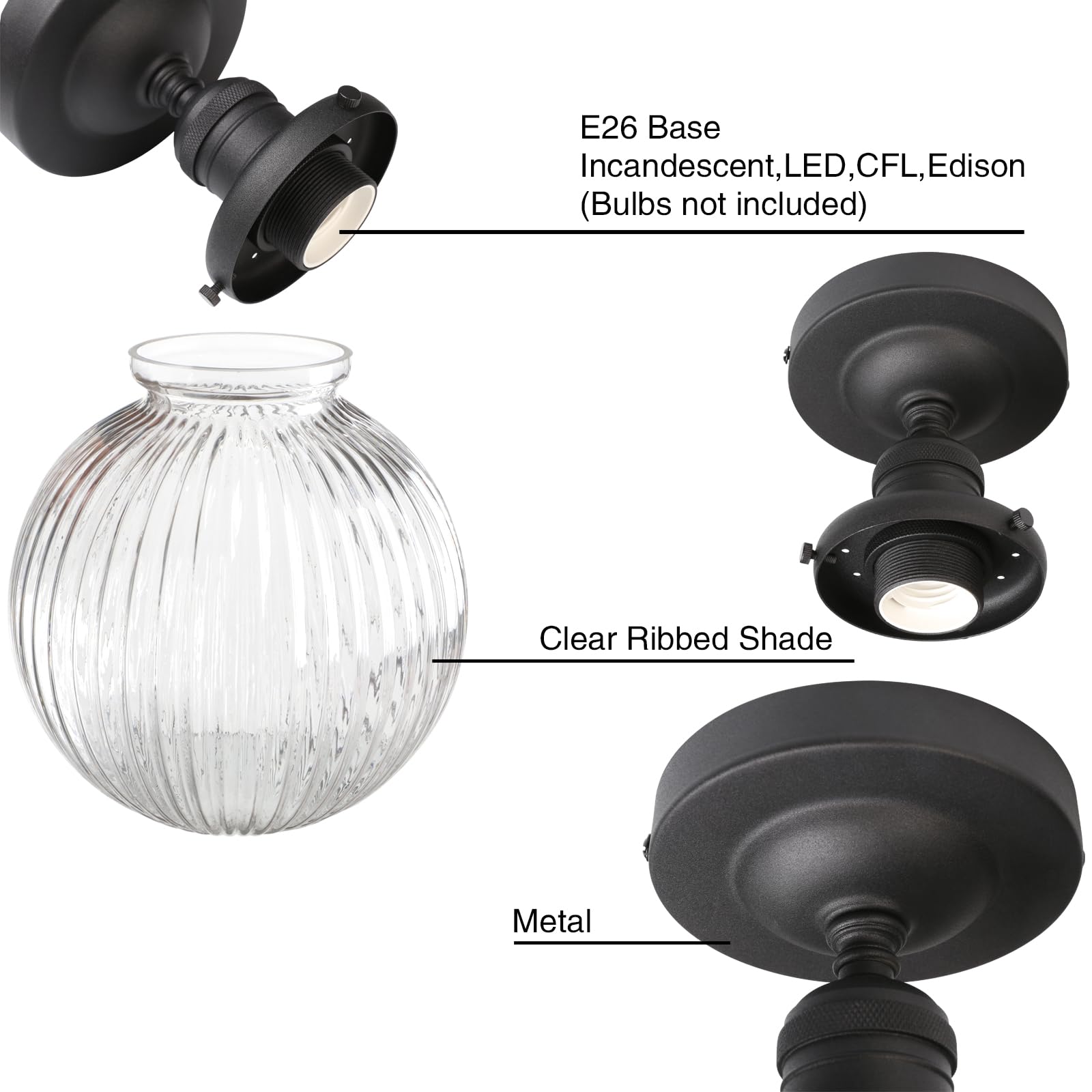 Permo Industrial Flush Mount Ceiling Light 1-Light Pendant Ceiling Light With Ribbed Globe Glass Lampshade For Hallway, Brass Fi