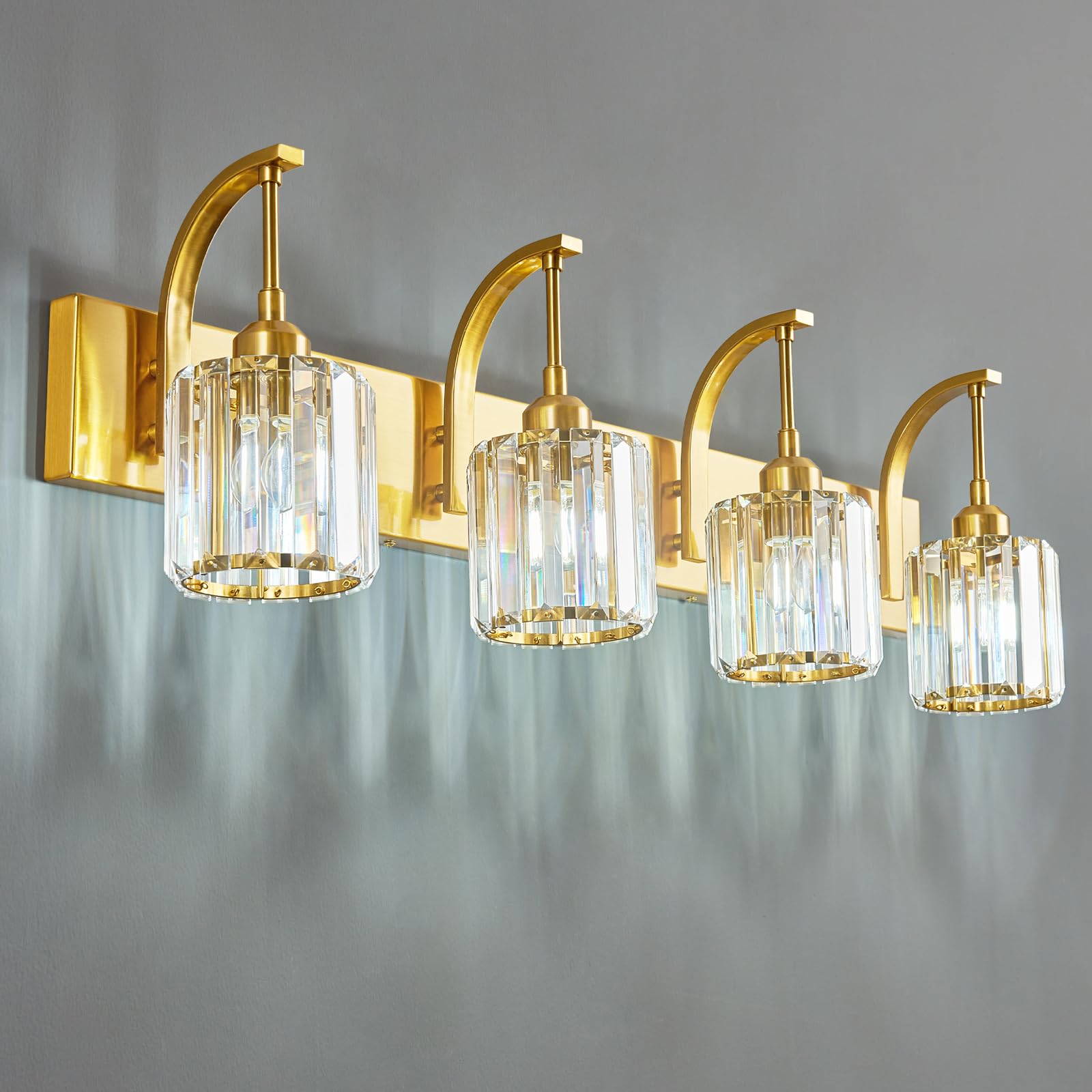 Fdpby 4-Light Crystal Vanity Light  Modern Gold Bathroom Wall Sconce With K9 Crystal Shades  32.67 Long Over Mirror Lighting For Vanity  Makeup  Hallway  Elegant & Easy Install