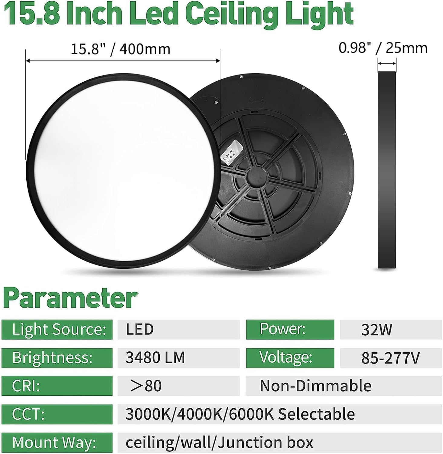 FY WISDOM FLY LIGHTING 4PK Black LED Flush Mount Ceiling Light 15.8" 32W 3480LM CCT Selectable for Hallway, Kitchen, Bedroom