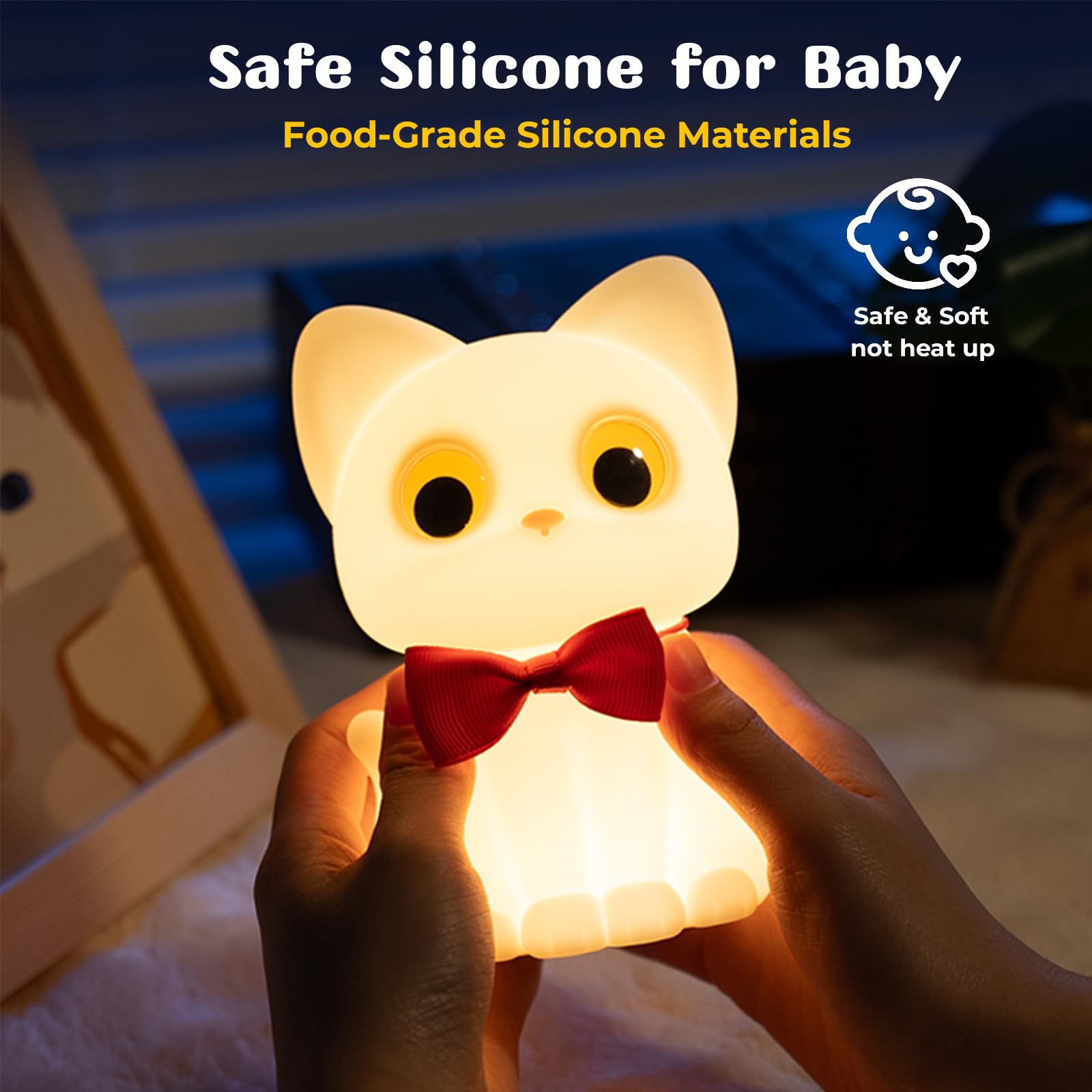 AVEKI Cat Night Light for Kids, Cute Squishy Silicone Cats Lamp for Baby Toddler Newborn Nursery, Dimmable Touch Night Light for