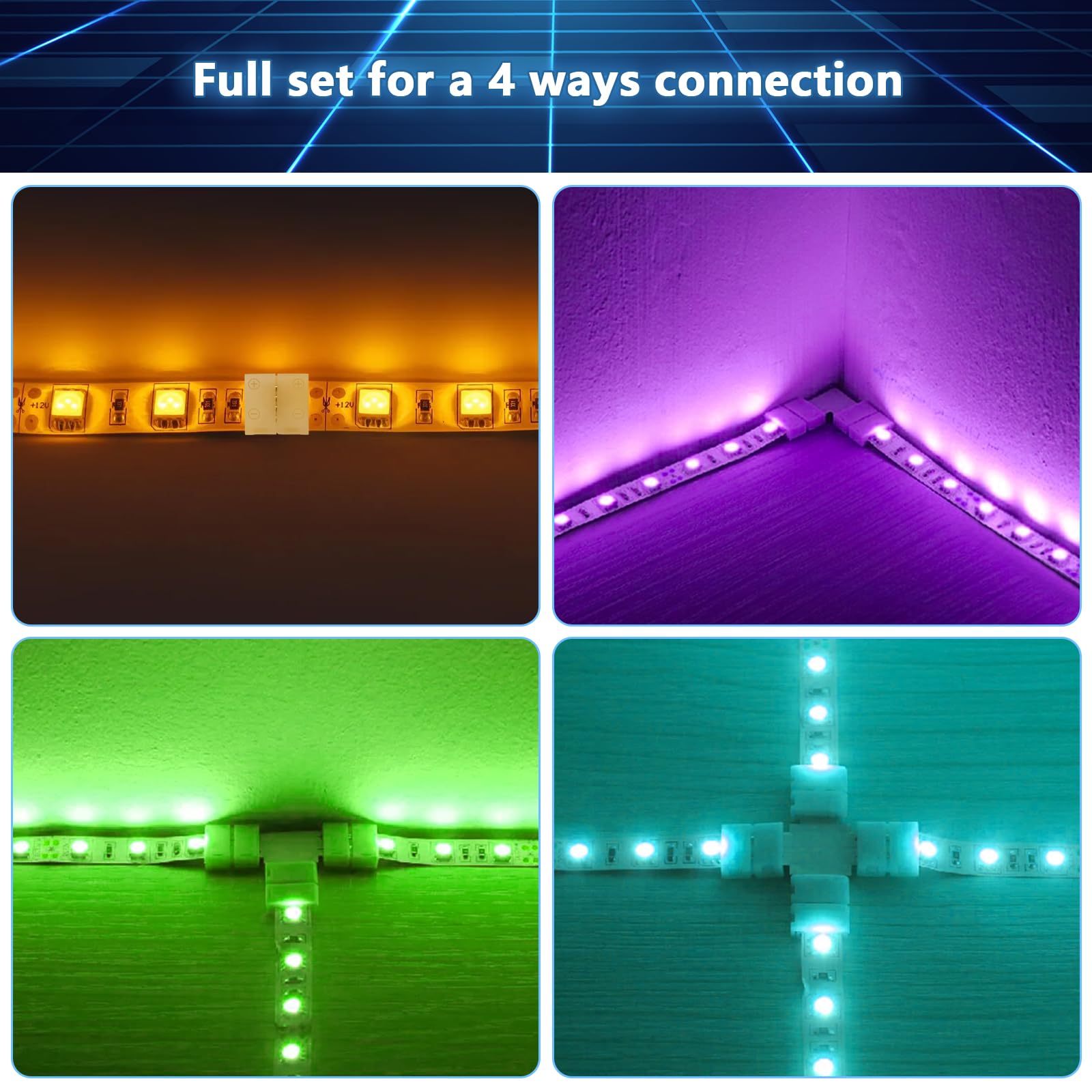 4-Pin 10Mm Rgb Led Light Strip Connectors, 100 Pieces Solderless And Gapless Adapter Terminal, Incl. Screw Clips, Cuttable T, L And X Shape For Smd 5050 Rgb Led Strips Extension And Connection