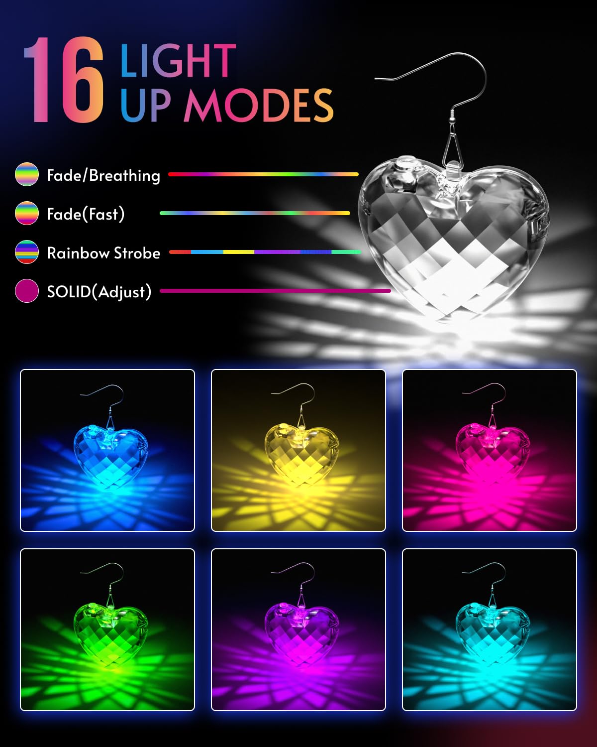 PUFIER LED Earrings - Light Up Heart Earrings with 16 Modes, Rechargeable, Transparent Heart, Model 2llud
