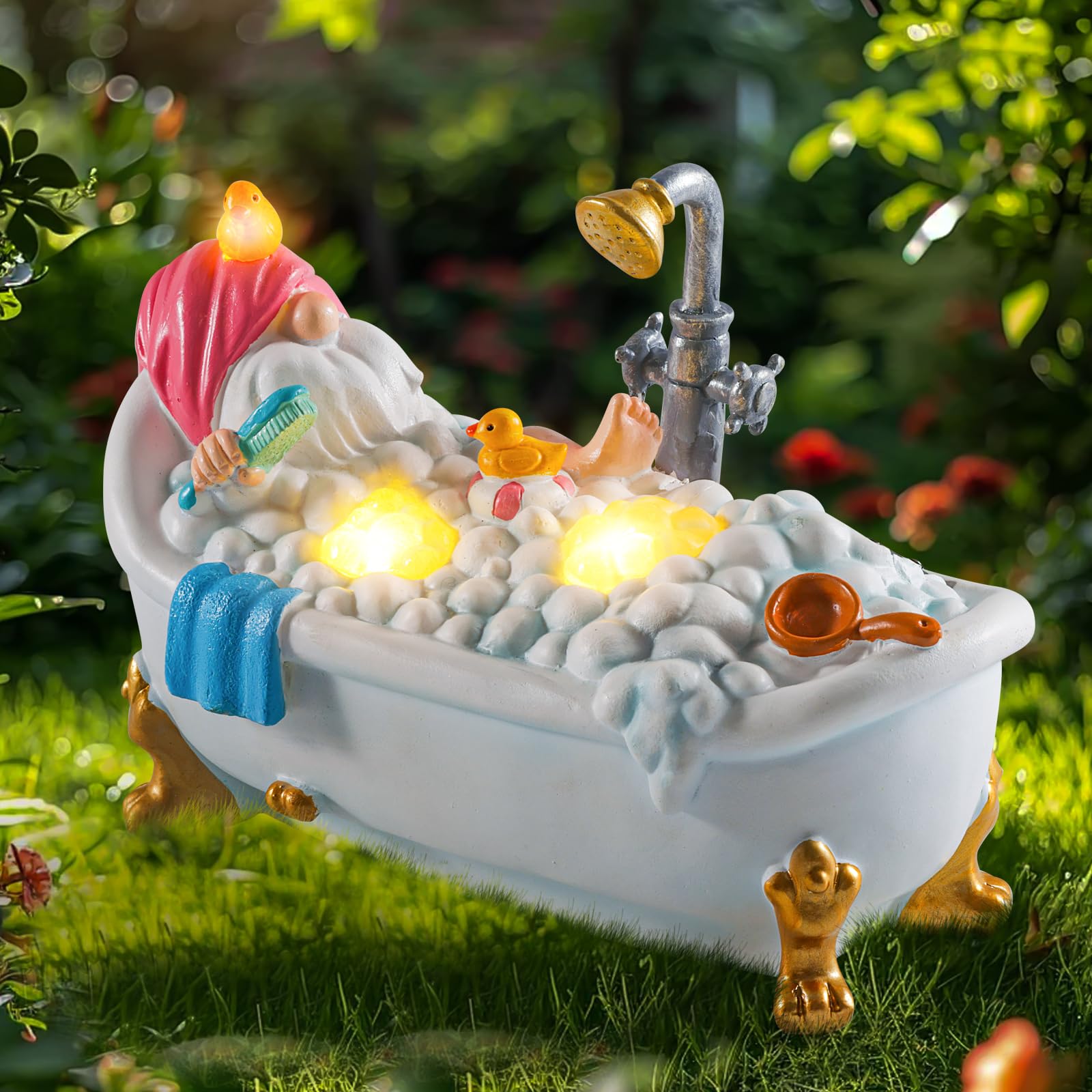 WINTS Solar Garden Gnome, Resin Bathing Figure Outdoor Decorations with Cute Solar Lights for Lawn, Yard, Garden, Funny Gnome Gi