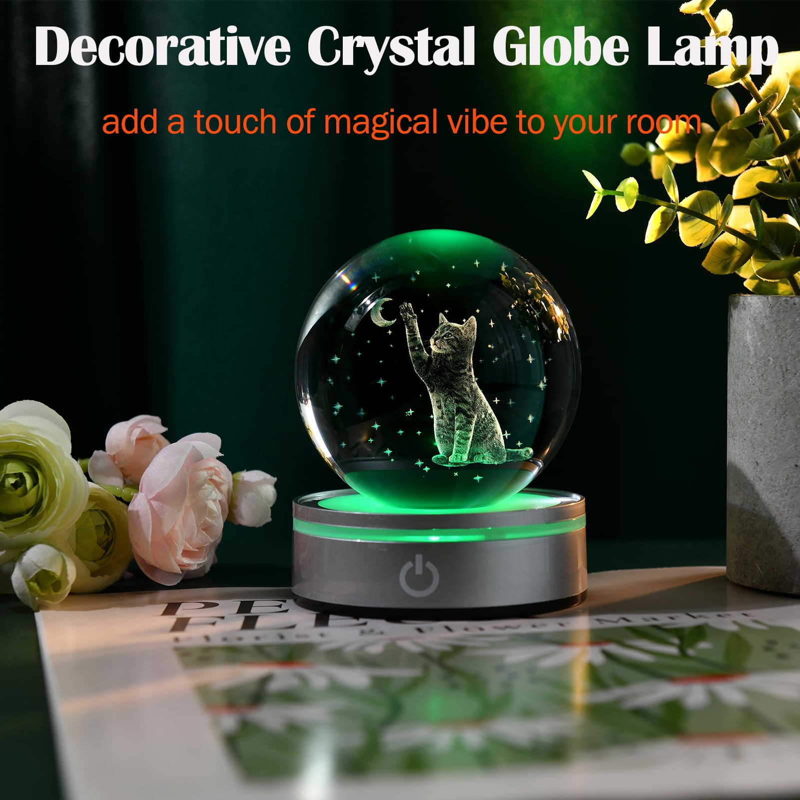 Ifolaina 3D Cat Crystal Ball Cute Cat Lover Gifts For Women Christmas Snow Globe Gifts For Birthday Mothers Day Kitten Lamp 3.15 Engraved Glass Sphere Decor Night Light