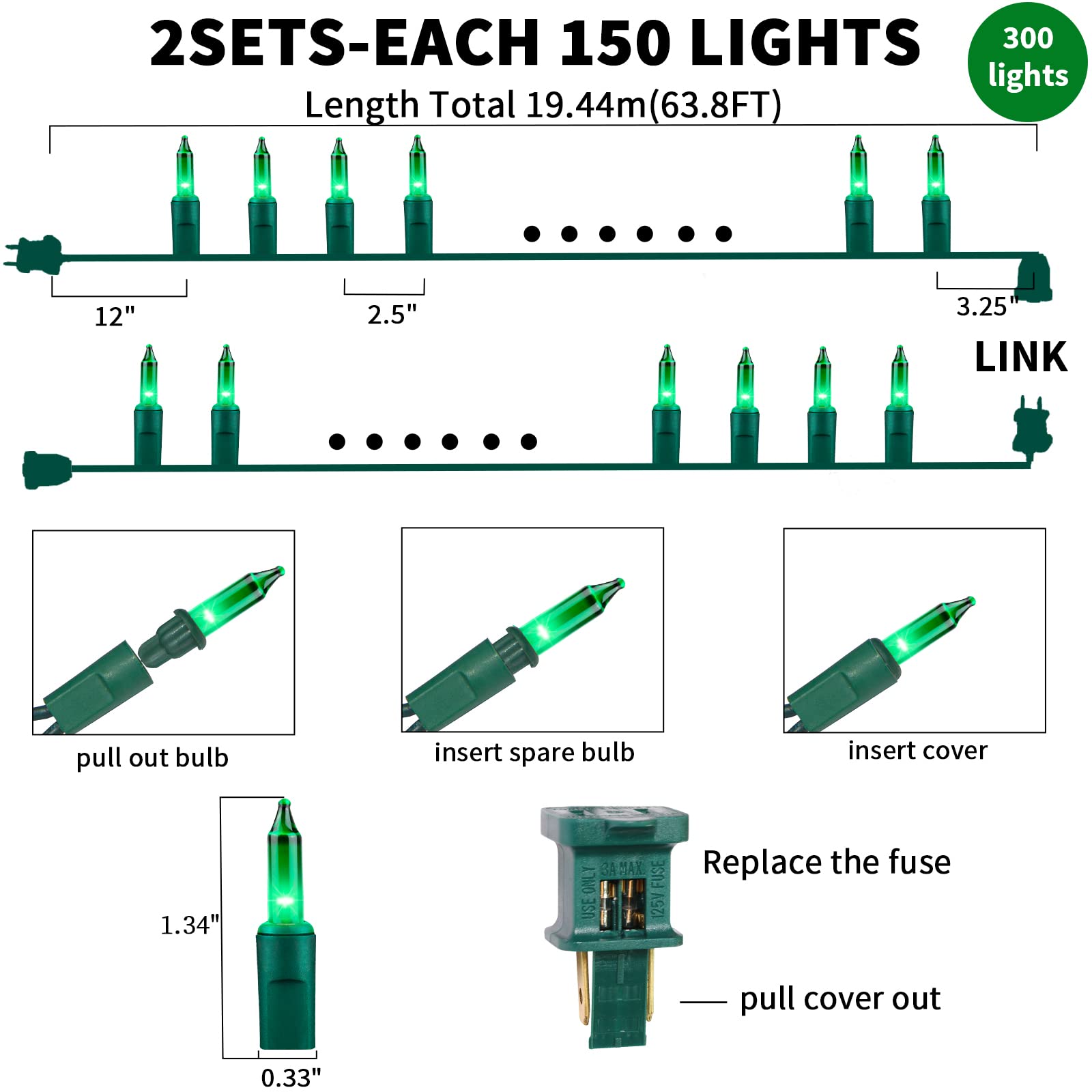 Twinglehome Ultra-Bright Connect End To End Green Christmas Mini Light 300L 63.8Ft(2Sets-Each 150L)Ul Listed Incandescent Bulb String Light For Indoor Outdoor Holiday Garden Party Christmas Tree Decor
