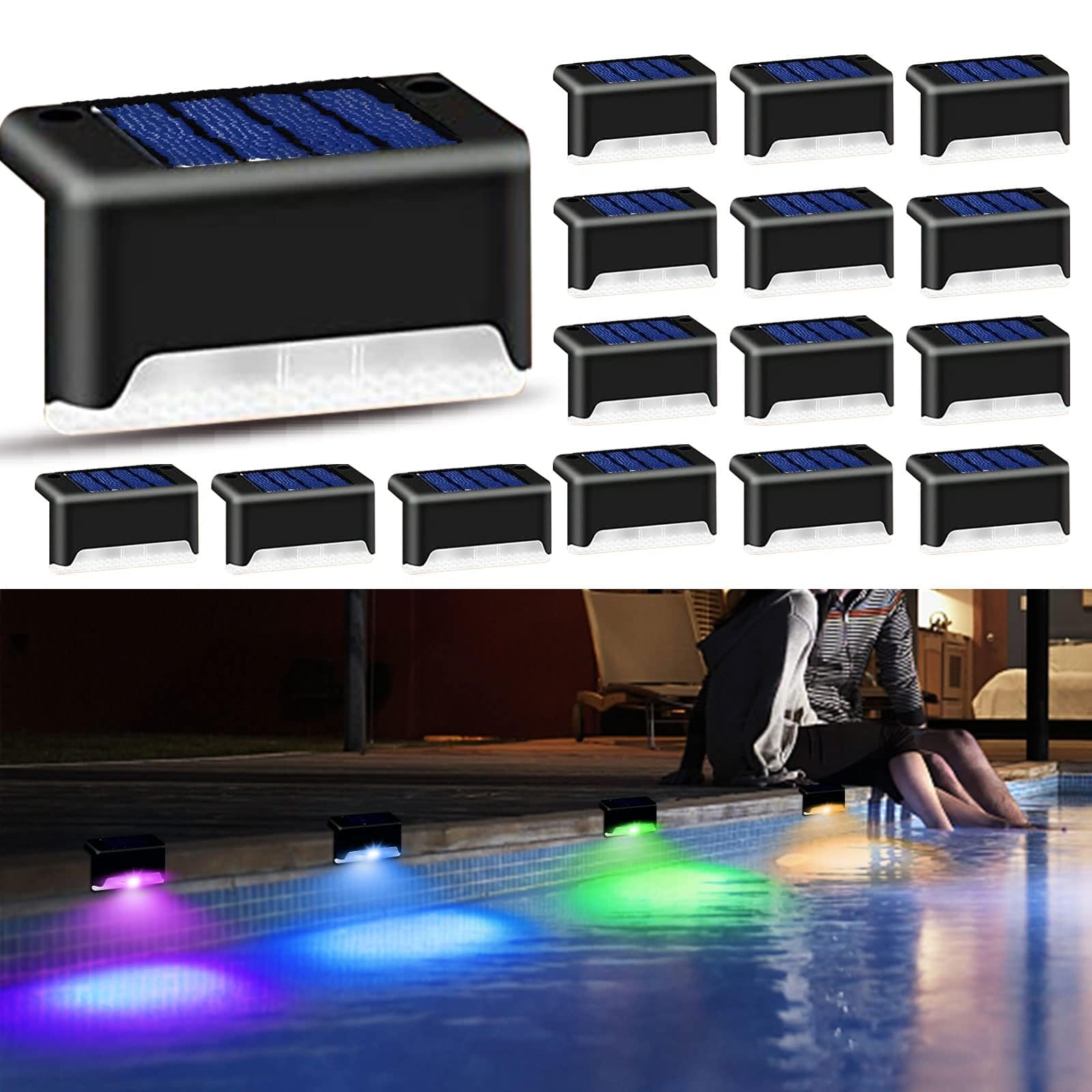 K.E.J. 16Pcs Color Changing Solar Deck Lights - Waterproof Led Step Lights For Outdoor Decor