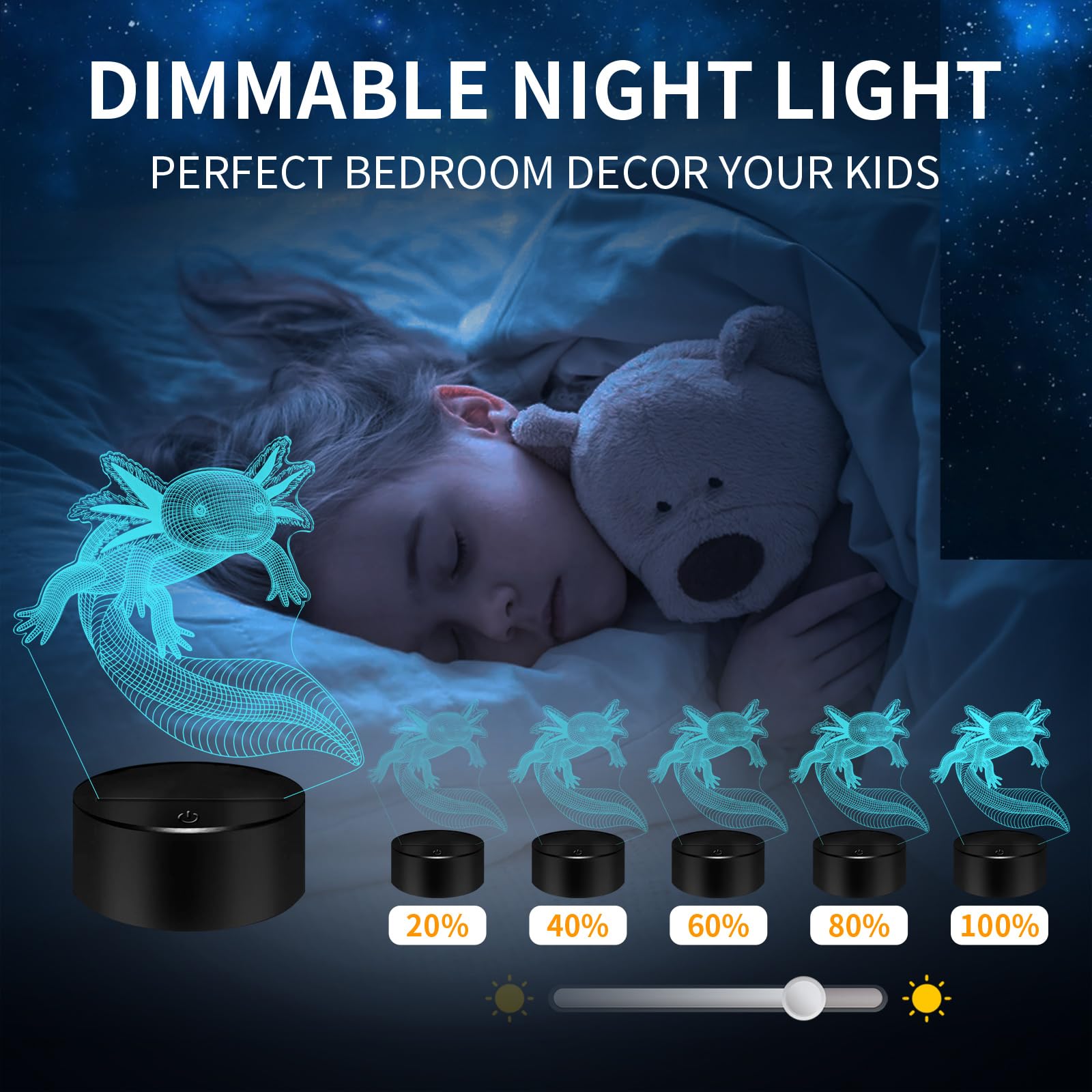 Bassi Axolotl Gifts 3D Axolotl Night Light 3D Illusion Lamp, 16 Colors Changing With Remote Kids Bedroom Decor, Birthday Christm